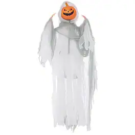 PULUZ - 3.9 feet Outdoor Halloween Hanging Pumpkin Ghost w/ Light Up Eyes, Sound Activated Prop w/ Creepy Howling Sounds - White