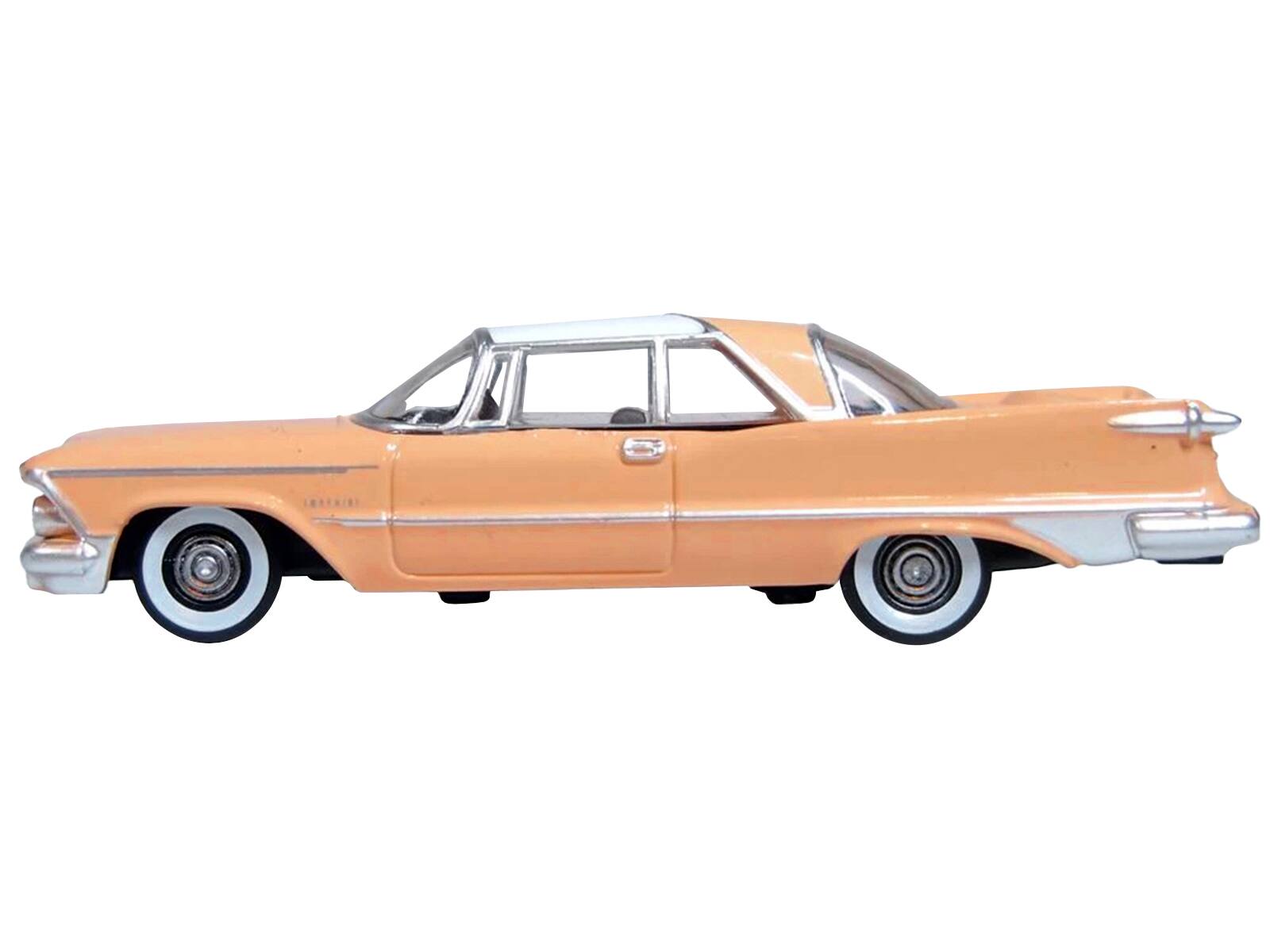 Angle. Oxford Diecast - 1959 Chrysler Imperial Crown 2 Door Hardtop Persian Pink with White Top 1/87 (HO) Scale - Pink With White.