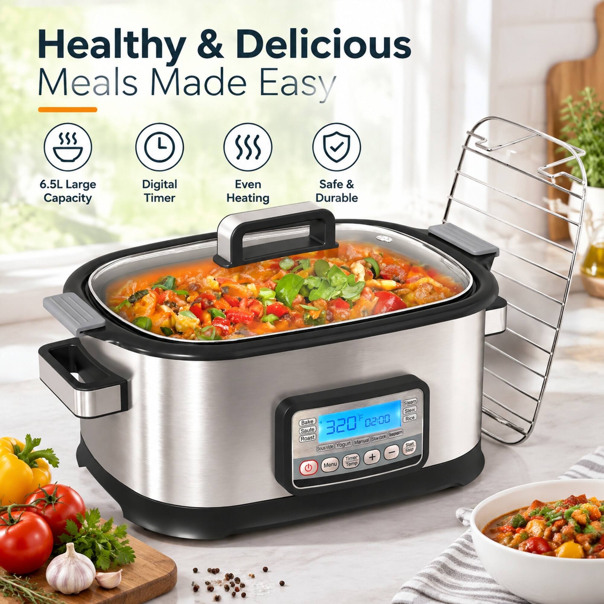 Healthy & Delicious Meals Made Easy

6.5L Large Capacity
Digital Timer
Even Heating
Safe & Durable

Stew 02:00
Rice Bake 320
Saute
Sport Roast
Manodi
Saw
Cack
SousVide
Yogurt
Start
Seep Timer + Menu Temp