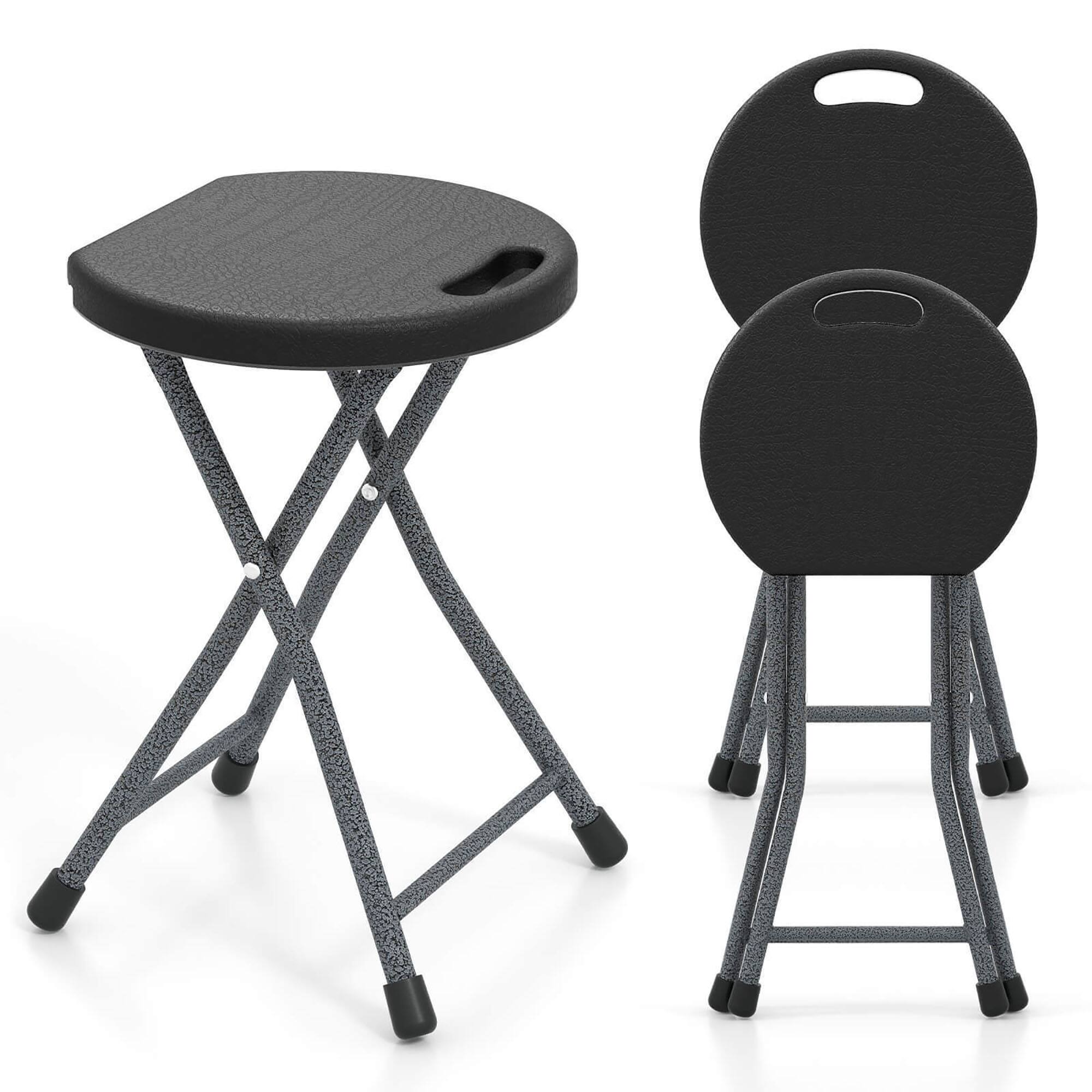 Front. Gymax - Gymax 3PCS 18''H Folding Stool Portable & Foldable Camping Chair w/ Built-in Handle - Black, Silver.