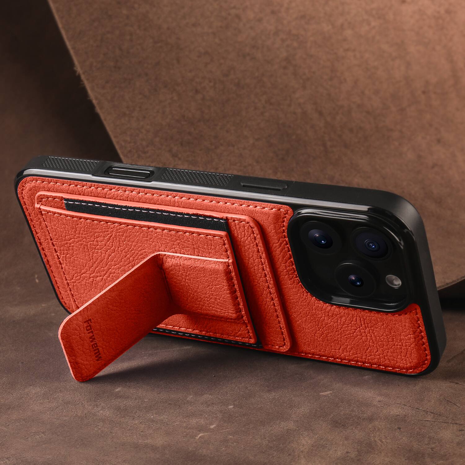 Alt View 1. Dteck - Slim Card Holder Case for Apple iPhone 16 Pro, Shockproof Wallet Protective Cover with Kickstand - Orange.
