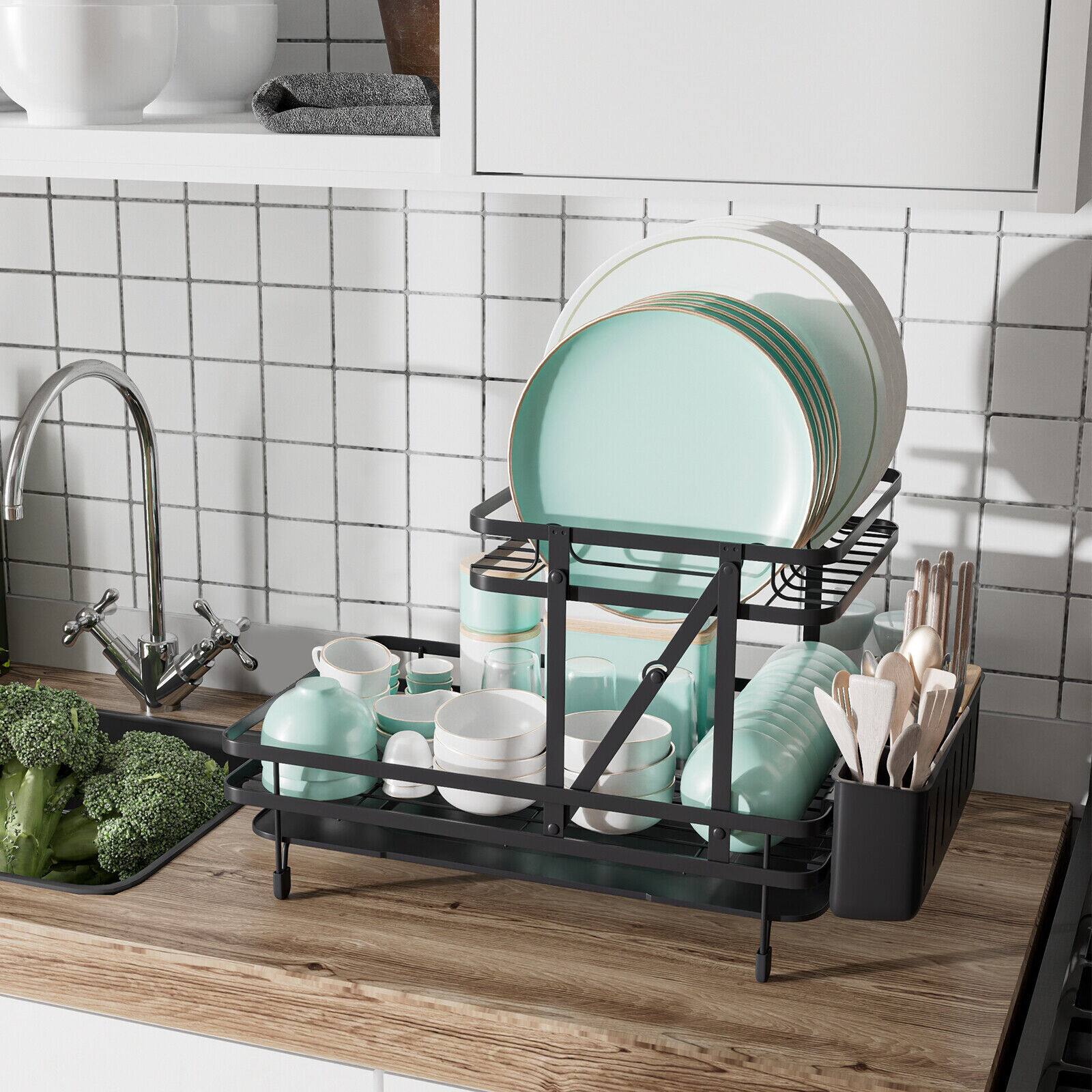 Alt View 4. SlickBlue - 2-Tier Collapsible Dish Rack with Removable Drip Tray for Kitchen Counter - Black.