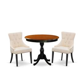 East West Furniture - 3-Pc Dining Table Set Consists of a Kitchen Table and 2 Light Beige Linen Fabric Upholstered Chairs - Multi-Color