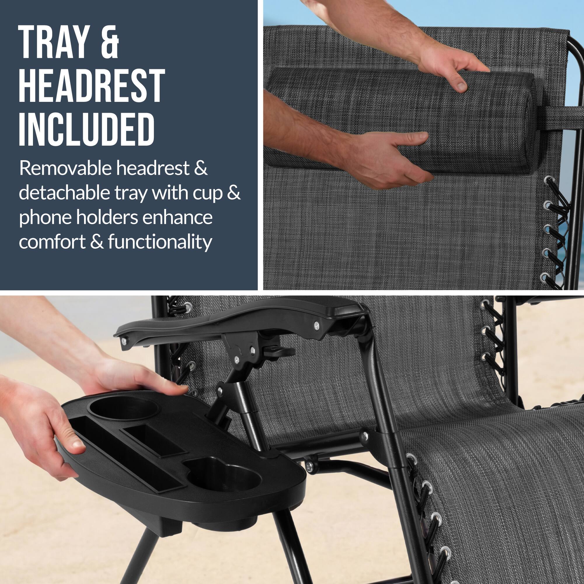 TRAY & HEADREST INCLUDED

Removable headrest & detachable tray with cup & phone holders enhance comfort & functionality