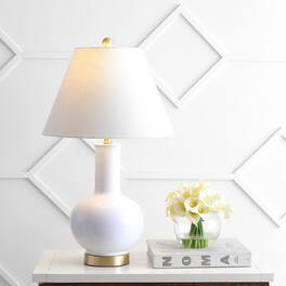 Jonathan Y - Han 27" Ceramic/Iron Contemporary USB Charging LED Table Lamp - White/Brass Gold