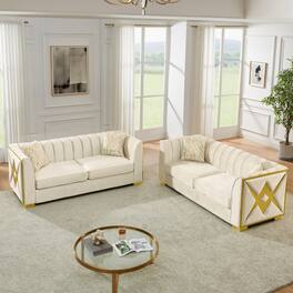 Anysun - 81" 3-Seat Velvet Chesterfield Sofa - Button Tufted, Gold Stainless Steel Accents, Includes 2 Pillows - Beige