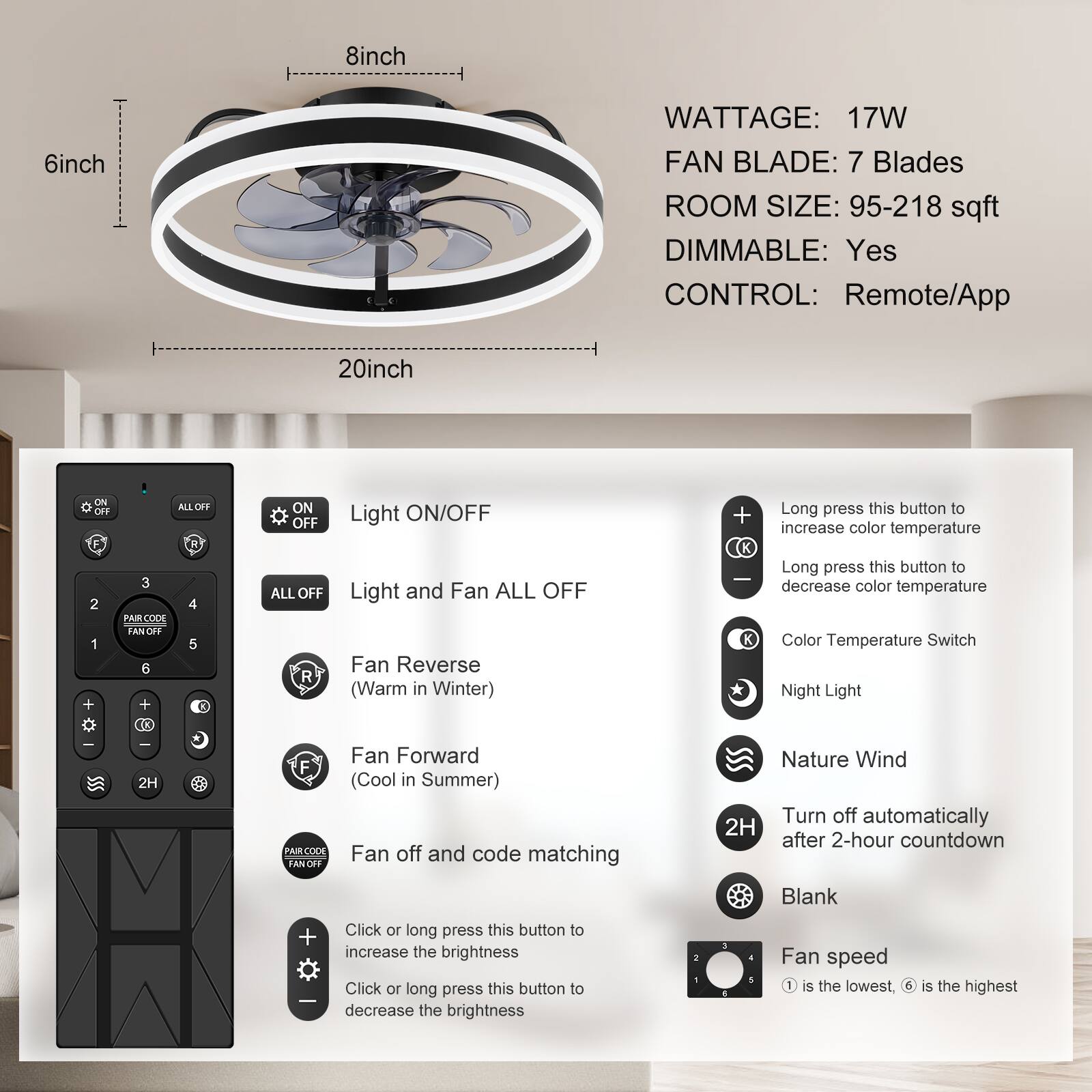 **Product Specifications:**
- **Wattage:** 17W
- **Fan Blade:** 7 Blades
- **Room Size:** 95-218 sqft
- **Dimmable:** Yes
- **Control:** Remote/App

**Dimensions:**
- **8 inch**
- **6 inch**
- **20 inch**

**Remote Control Features:**
- **Light ON/OFF:** Button to turn the light on or off.
- **Light and Fan ALL OFF:** Button to turn off both the light and fan.
- **Fan Reverse (Warm in Winter):** Button to reverse the fan direction for warmth in winter.
- **Fan Forward (Cool in Summer):** Button to set the fan direction for cooling in summer.
- **Fan off and code matching:** Button to turn off the fan and match the code.
- **Nature Wind:** Button to set the fan to nature wind mode.
- **2H:** Button to turn off automatically after a 2-hour countdown.
- **Blank:** Button to set the fan to blank mode.
- **Fan Speed:** Buttons to adjust fan speed (1 is the lowest, 6 is the highest).
- **Color Temperature Switch:** Button to switch between color temperatures.
