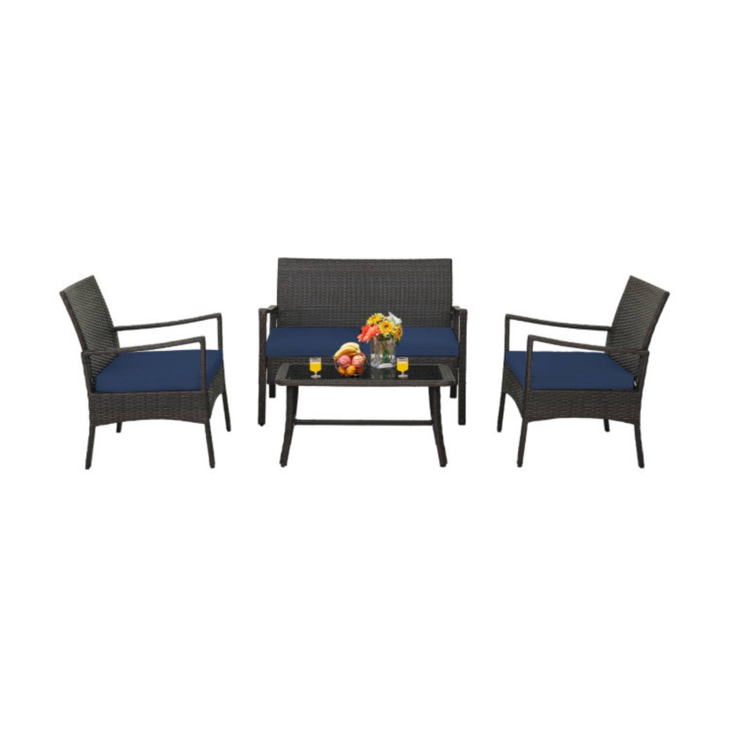 Alt View 5. Mondawe - 4-Piece Freestanding Rattan Conversation Set with Tempered Glass Coffee Table - Navy.