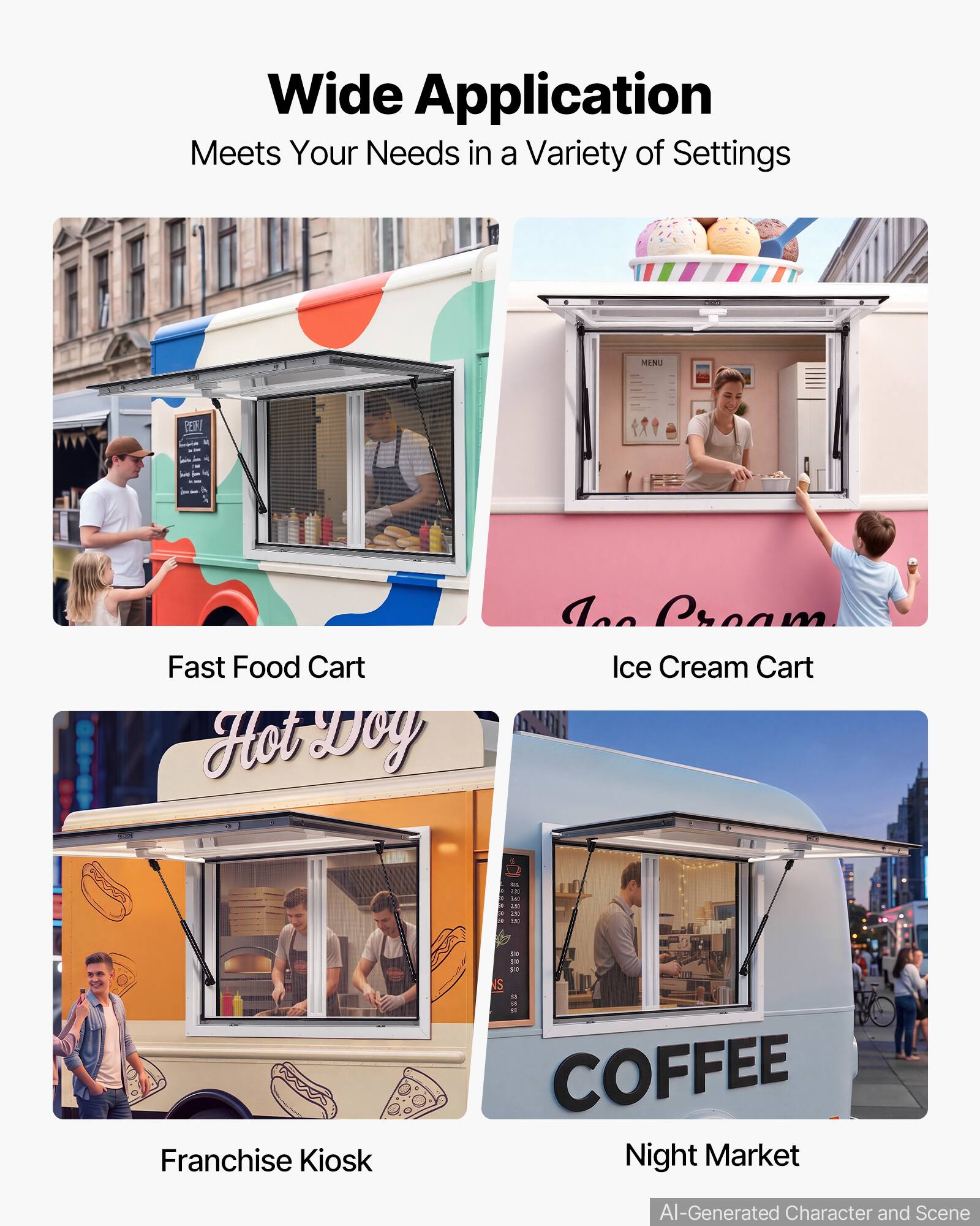Wide Application  
Meets Your Needs in a Variety of Settings

MENU

Fast Food Cart  
Hot Dry

Ice Cream Cart

Franchise Kiosk

COFFEE  
Night Market

AI-Generated Character and Scene