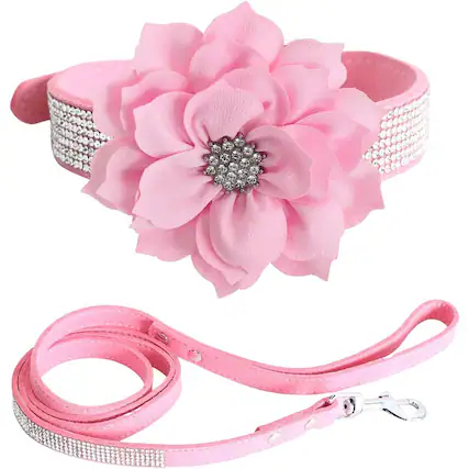 Front. MOSZAR LLC - **Best Buy–opPink Bling Leather Dog Collar & Leash Set – Sparkling Flower, Soft, Adjustable - Pink.