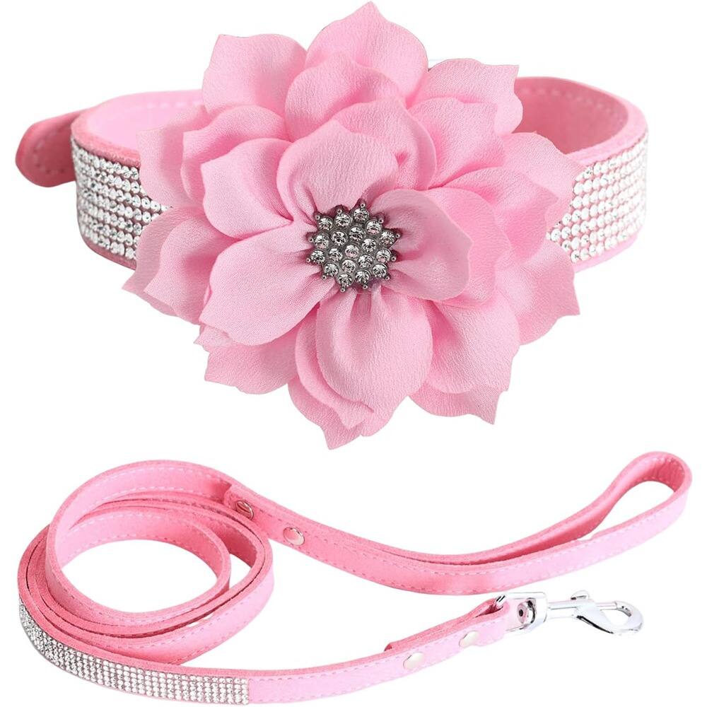 Front. MOSZAR LLC - **Best Buy–opPink Bling Leather Dog Collar & Leash Set – Sparkling Flower, Soft, Adjustable - Pink.