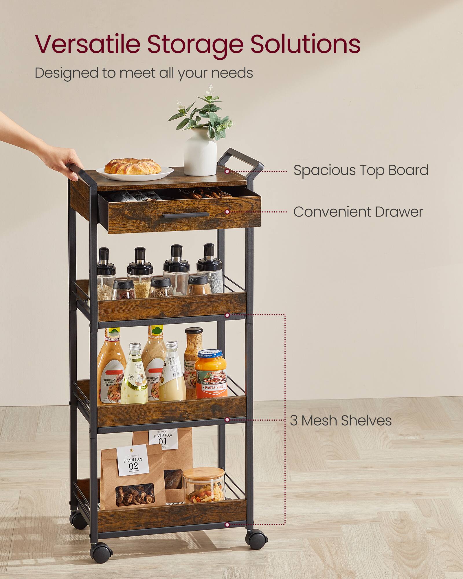 Versatile Storage Solutions  
Designed to meet all your needs  
Spacious Top Board  
Convenient Drawer  
3 Mesh Shelves