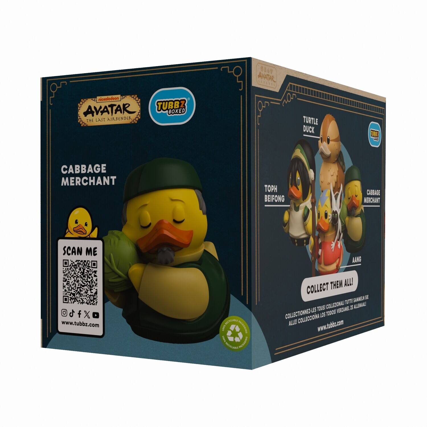 056V AVATAR 030335S  
nickelodeon AVATAR TUBBZ BOXED THE LAST AIRBENDER  
CABBAGE MERCHANT TURTLE DUCK TOPI BEIFONG  
SCAN ME AANG  
www.tubbz.com  
COLLECT THEM ALL!  
COLLEZIONALI TUTTI!  
COLLECTIONNEZ-LES TOUS!  
ALLE COLLECCIONA LOS TODOS!  
www.tubbz.com