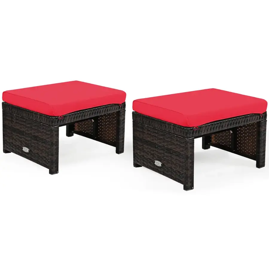 Alt View 6. Costway - 2PCS Patio Rattan Ottoman Cushioned Seat Foot Rest Furniture - Red + Mix brown.