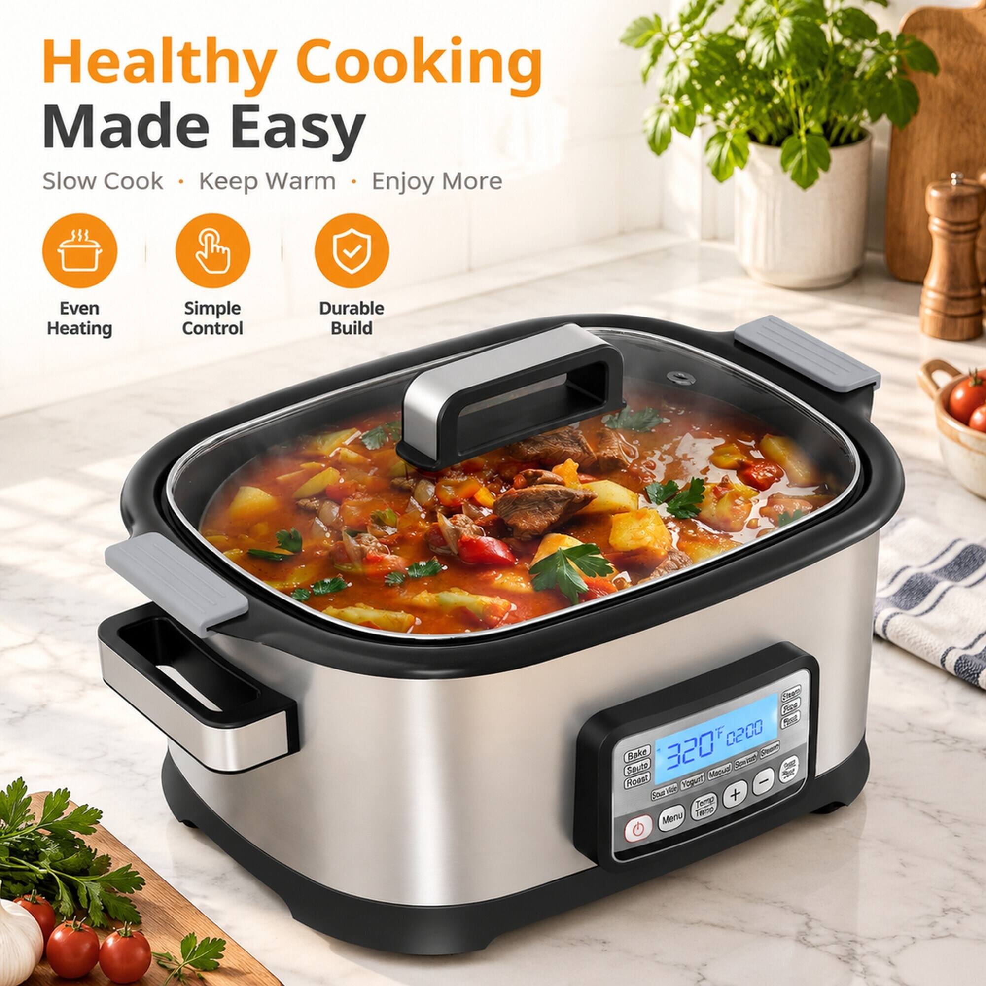 Healthy Cooking Made Easy  
Slow Cook • Keep Warm • Enjoy More  

Even Heating  
Simple Control  
Durable Build  

Face ford Bake 320 0200 Search Saute Shown Roast Trungs Sourit) Temp + Menu Temp