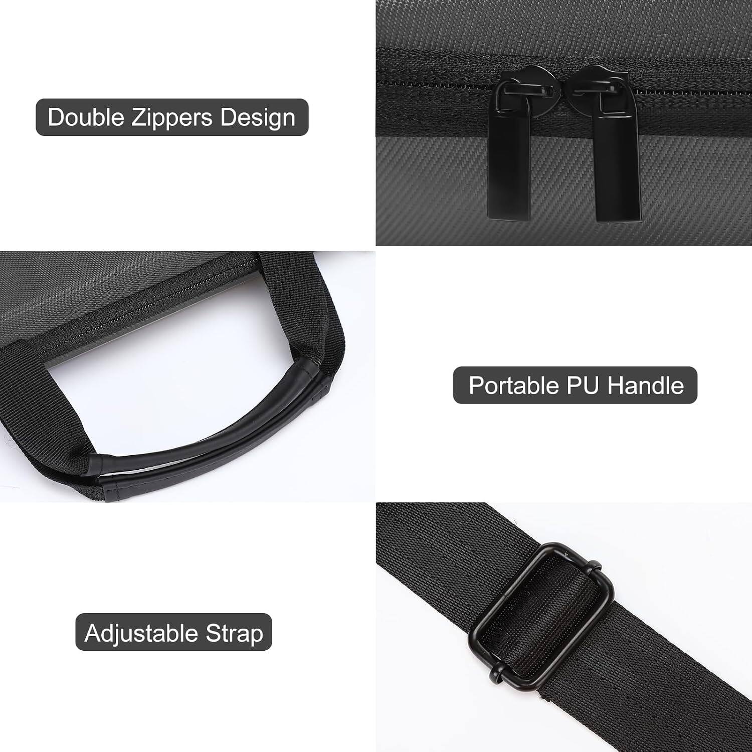 Double Zippers Design  
Portable PU Handle  
Adjustable Strap