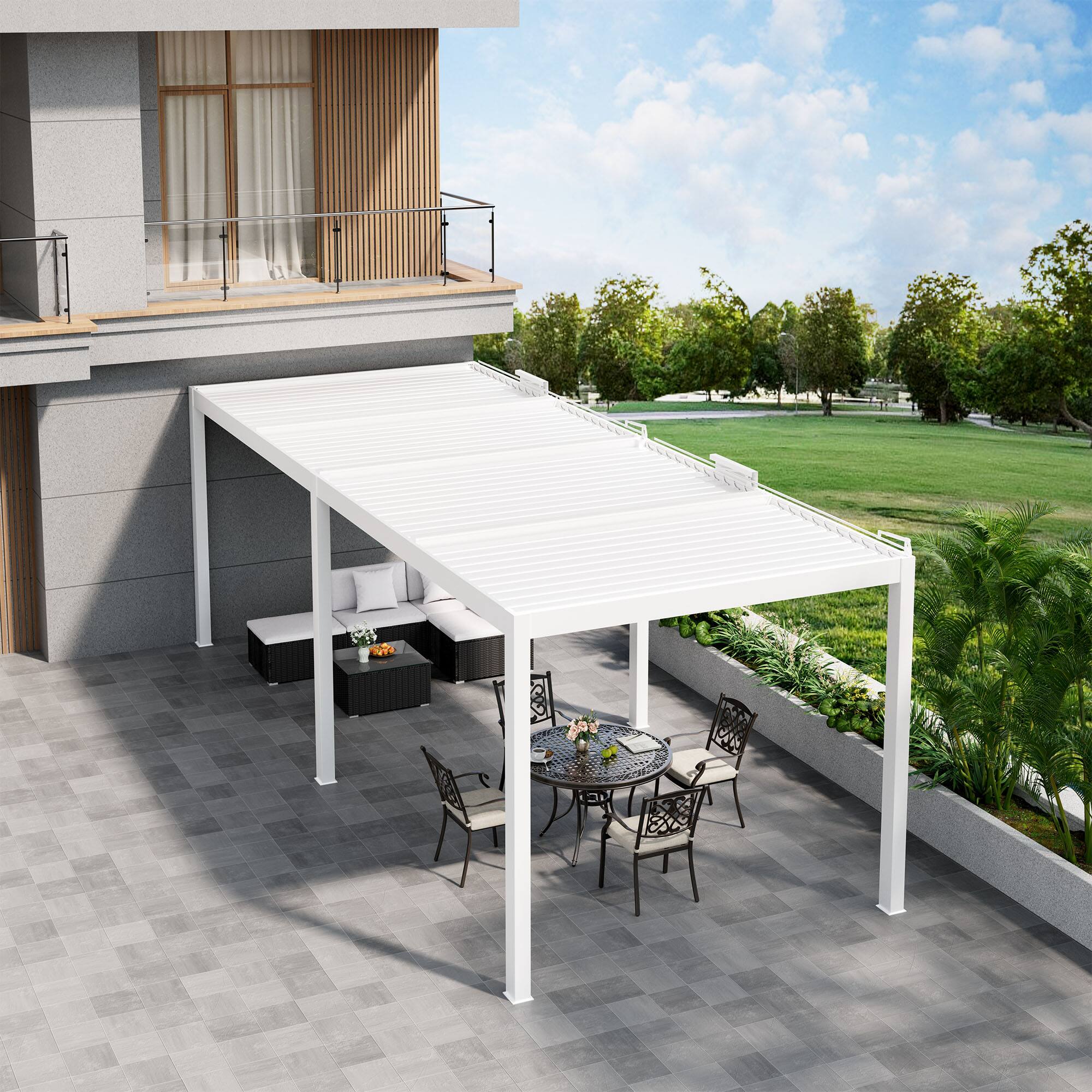 Left. Mondawe - 10ft x 26ft Solar-Powered Aluminum Pergola with Adjustable Louvers and Hidden Drainage System - White.