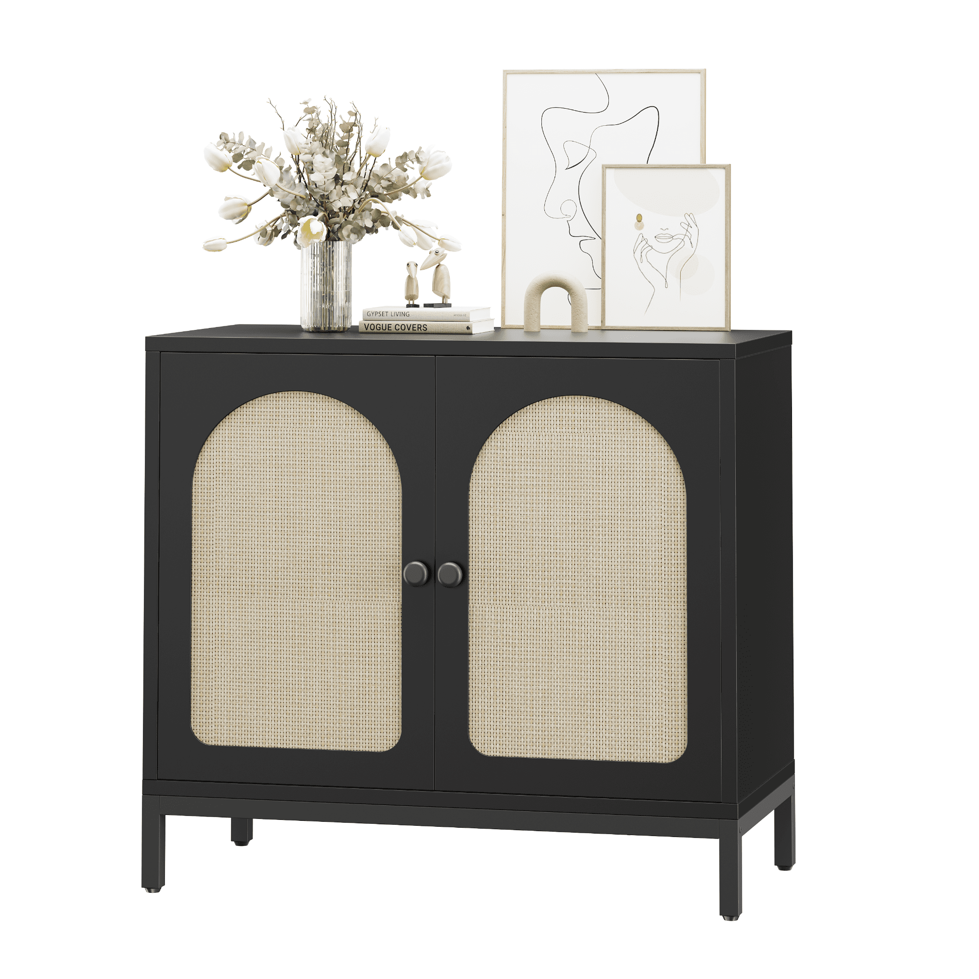 GARVEE - Buffet Cabinet with Storage, Rattan Accent 2-Door Sideboard with Adjustable Shelves, Contemporary Storage - Black