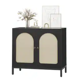 GARVEE - Buffet Cabinet with Storage, Rattan Accent 2-Door Sideboard with Adjustable Shelves, Contemporary Storage - Black