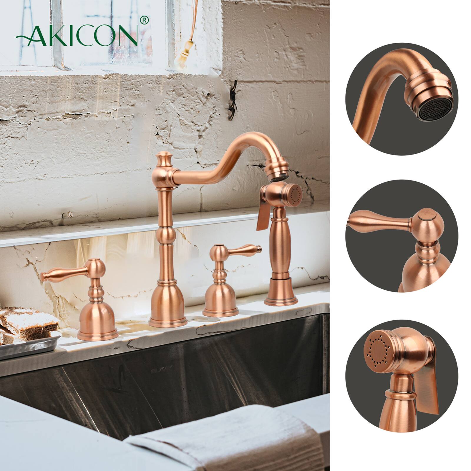 Alt View 2. Akicon - Akicon Solid Brass Two-Handles 360° Swivel Widespread Kitchen Faucet with Side Sprayer in Copper - Copper.