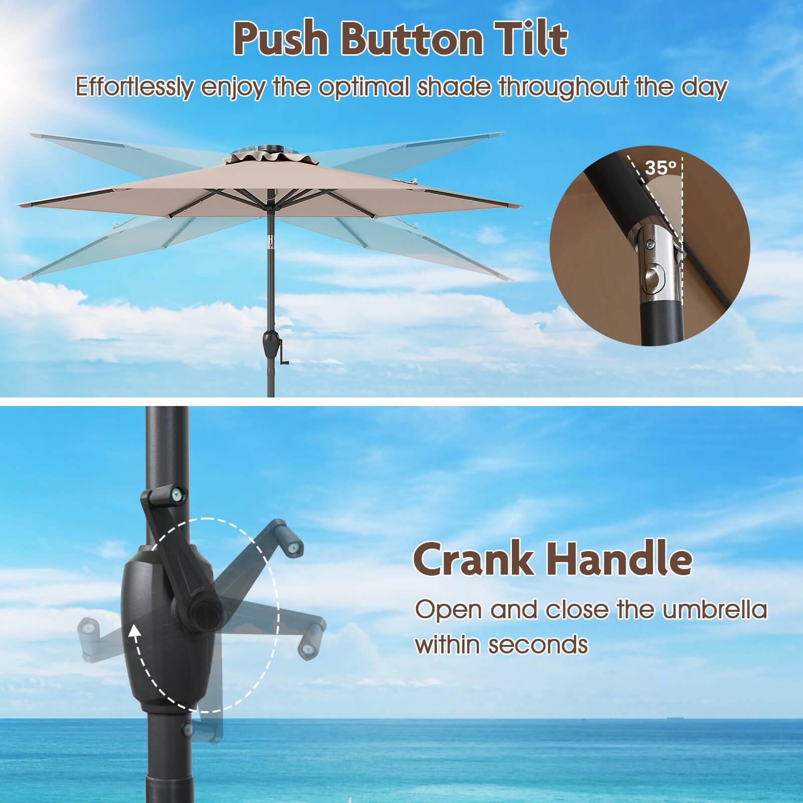 Push Button Tilt Effortlessly enjoy the optimal shade throughout the day

Crank Handle Open and close the umbrella within seconds