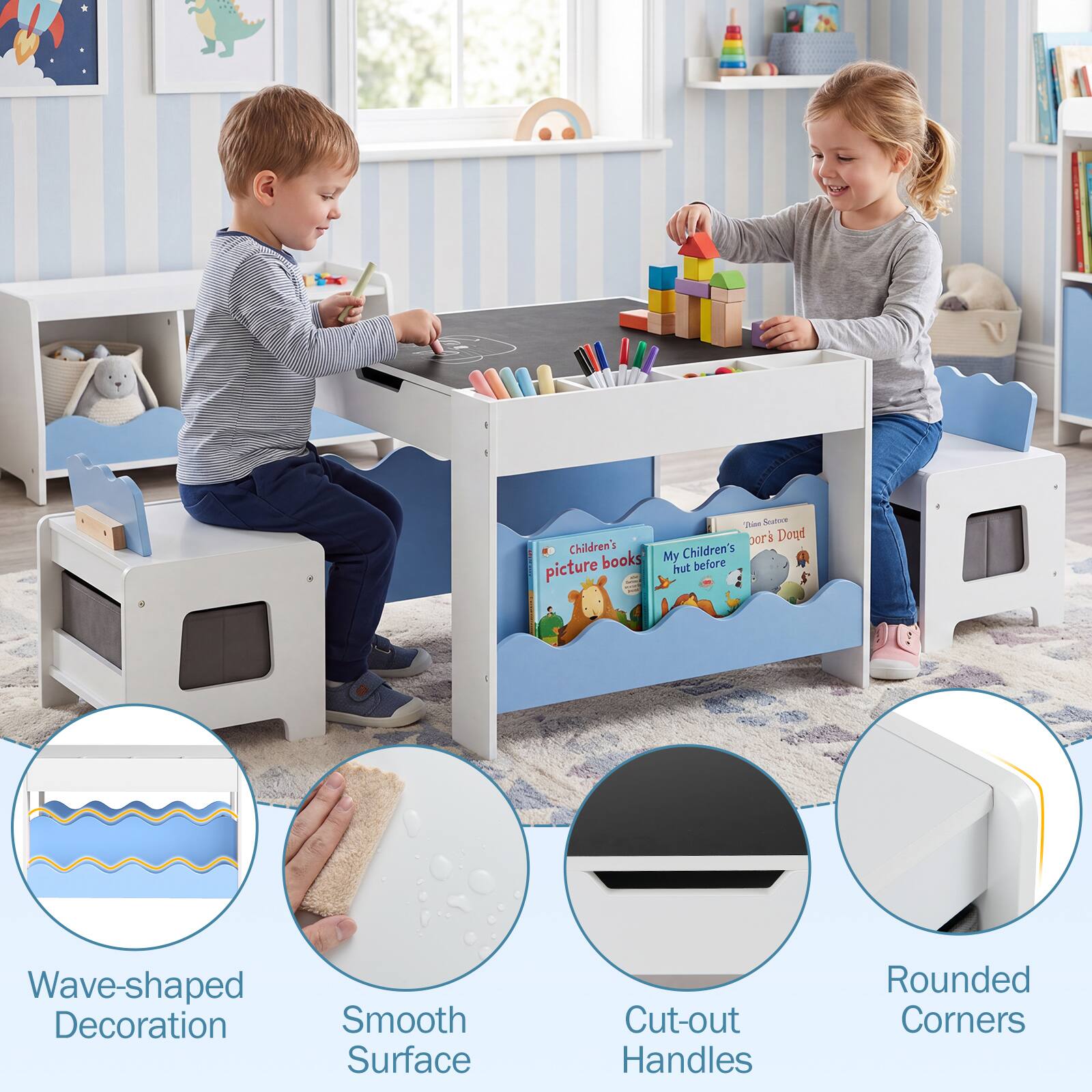 - Wave-shaped Decoration
- Smooth Surface
- Cut-out Handles
- Rounded Corners

- Children's books
- My Children's Picture books
- Tham Seatue pors Doqd