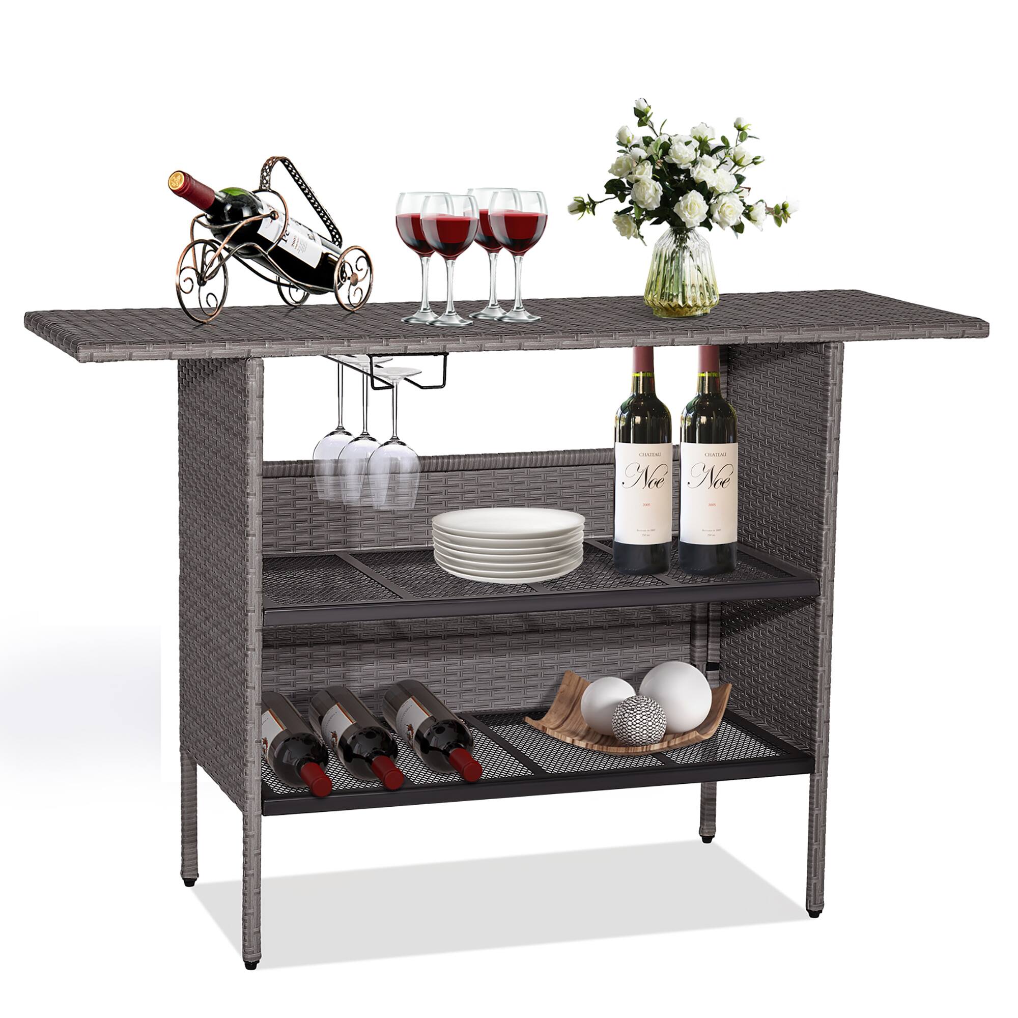 Alt View 1. Gymax - Gymax Patio Rattan Wicker Bar Height Counter Table Storage Shelf Rail Garden - Mix Gray.