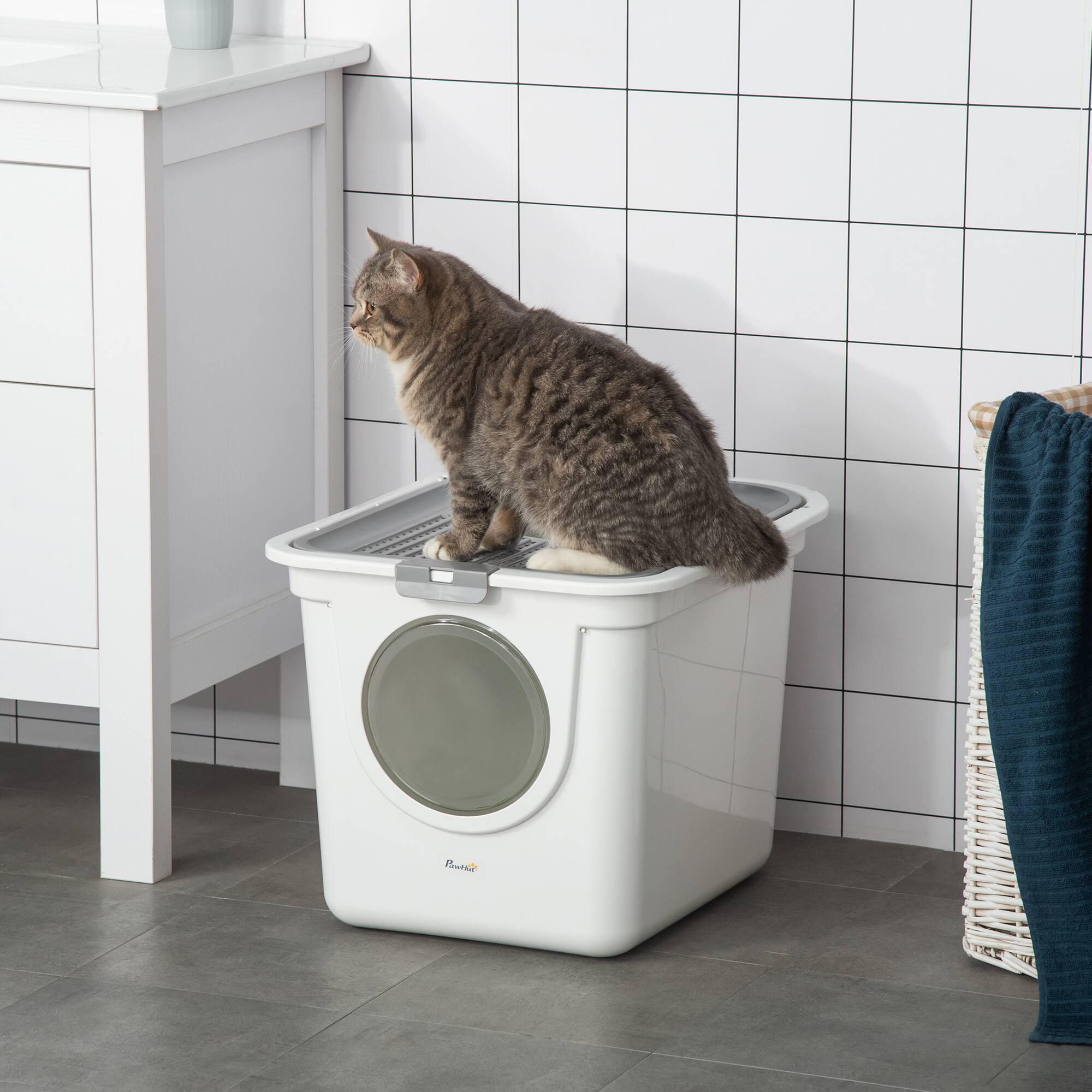 Angle. Pawhut - Cat Litter Box, Covered Kitty Litter Box, Top Exit, Scoop, Easy Cleaning Cat Toilet for Odor Control, Privacy - White.