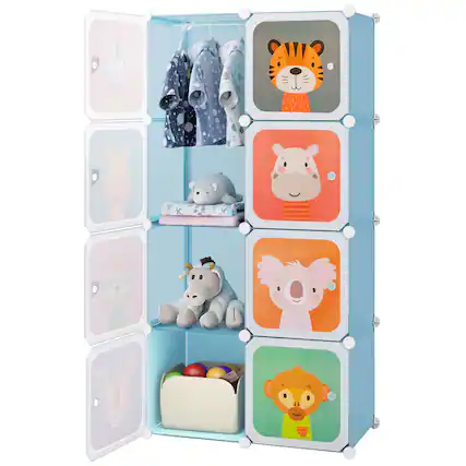 Front. Costway - Costway 8-Cube Kids Wardrobe Baby Dresser Bedroom Armoire Clothes Hanging Closet with Doors - Blue.