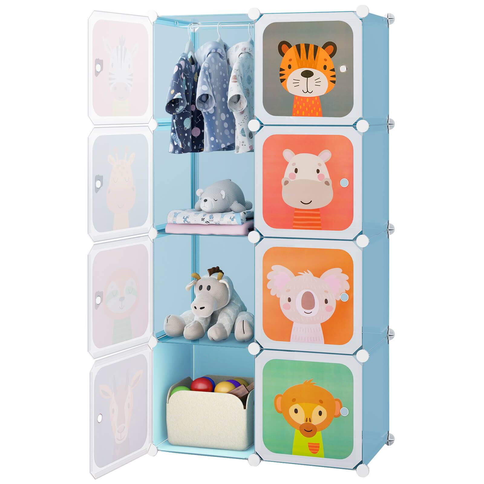 Front. Costway - Costway 8-Cube Kids Wardrobe Baby Dresser Bedroom Armoire Clothes Hanging Closet with Doors - Blue.