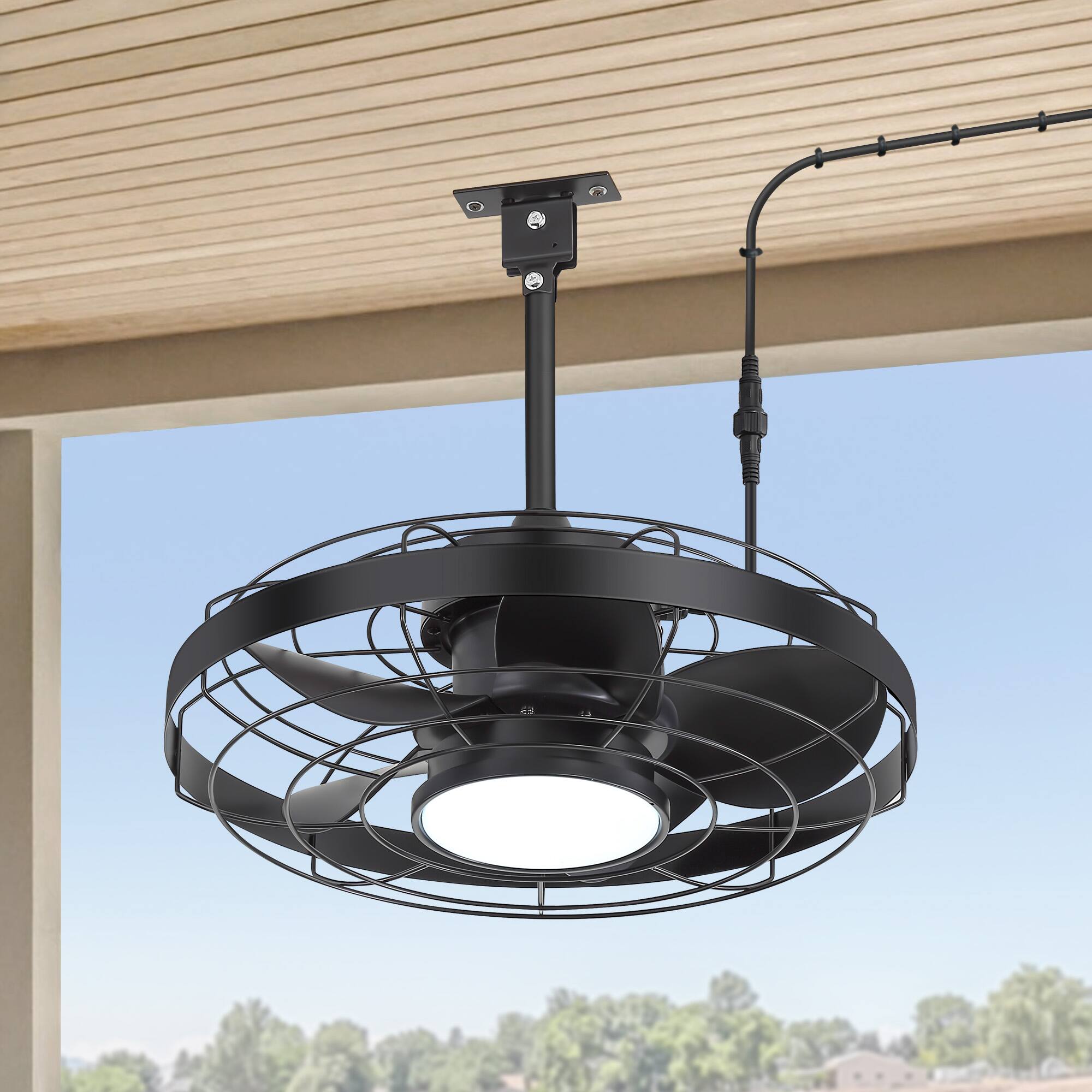 Back. Breezary - 20 Inch Caged Ceiling Fan with Light and Remote, LED 3-Color Dimmable, 5 ABS Blades, 6&10 Inch Downrods Included - matte black and walnut.