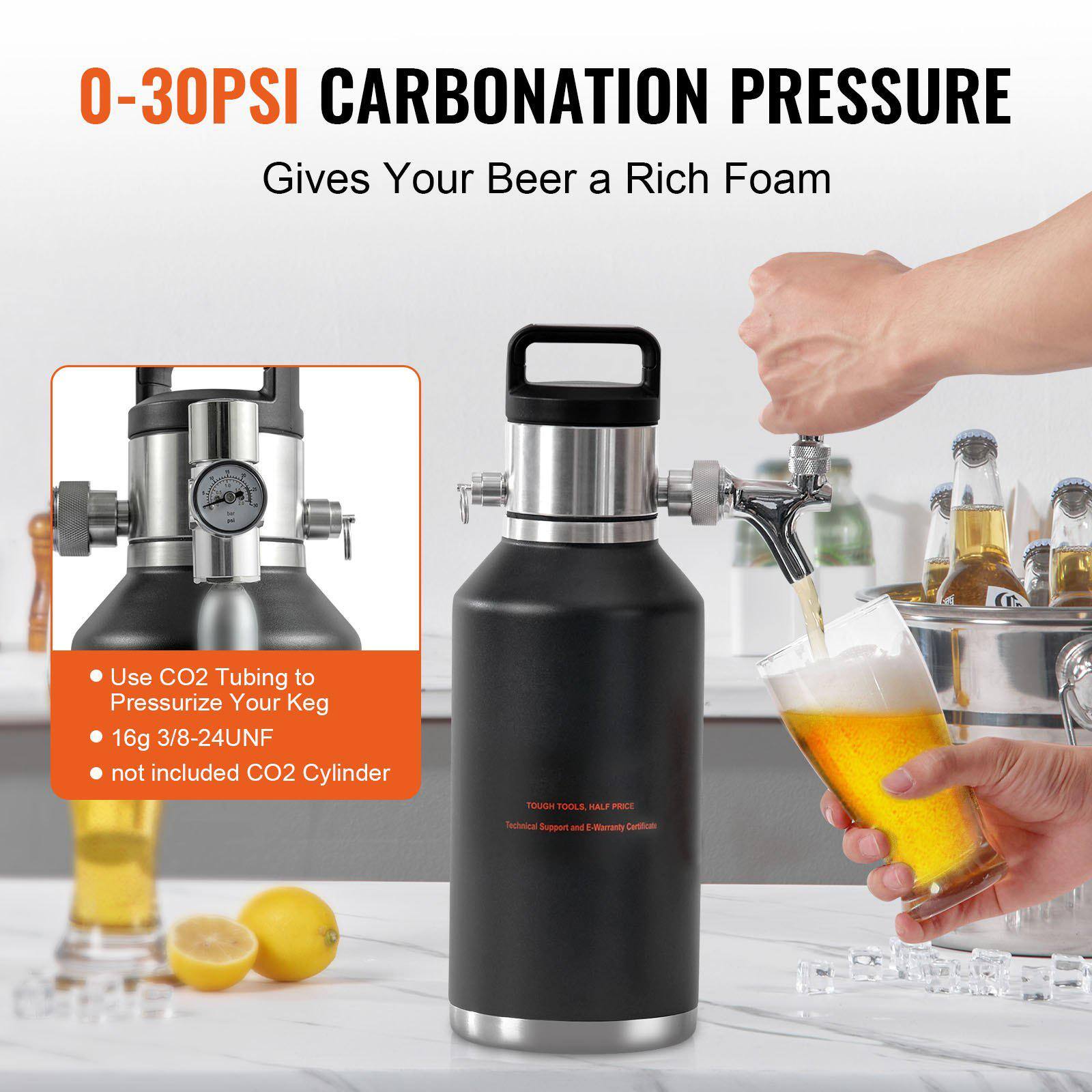 0-30PSI CARBONATION PRESSURE  
Gives Your Beer a Rich Foam  

- Use CO2 Tubing to Pressurize Your Keg  
- 16g 3/8-24UNF  
- not included CO2 Cylinder  

TOUGH POLE, HALF PRICE  
Technical Support and E-Warranty Certificate