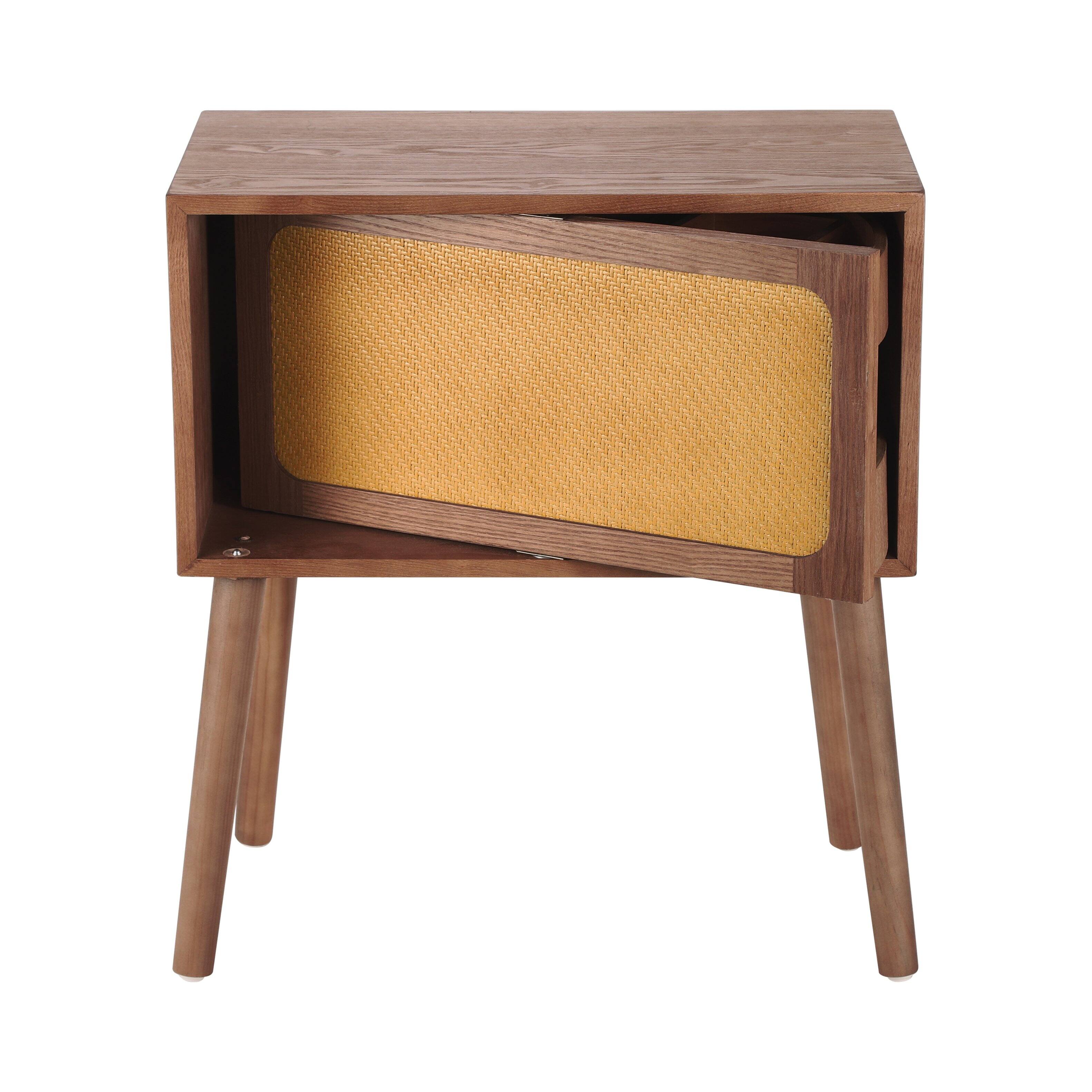 Alt View 2. Whisen - Rotating Nightstand with Hidden Compartments, Rattan Bedside Table and Storage End Table - Walnut.