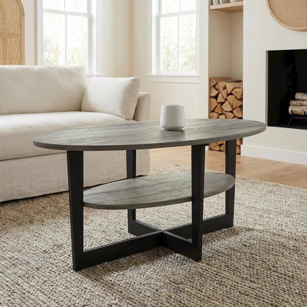 Left. FurniFact - Oval Coffee Table French Oak Grey Black with Modern Design and Durable Surface - French Oak Grey/Black.