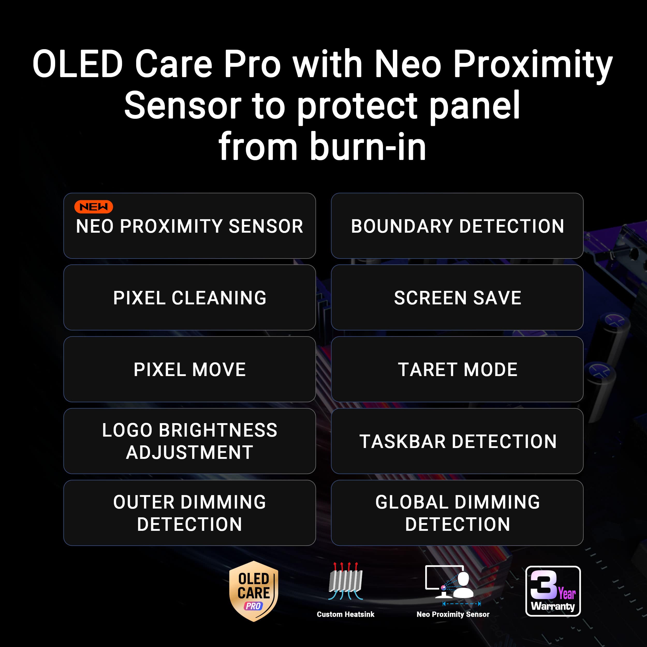 OLED Care Pro with Neo Proximity Sensor to protect panel from burn-in NEW NEO PROXIMITY SENSOR BOUNDARY DETECTION PIXEL CLEANING SCREEN SAVE PIXEL MOVE TARGET MODE LOGO BRIGHTNESS ADJUSTMENT TASKBAR DETECTION OUTER DIMMING DETECTION GLOBAL DIMMING DETECTION OLED Care Pro Custom Heatsink Neo Proximity Sensor 3 Year Warranty