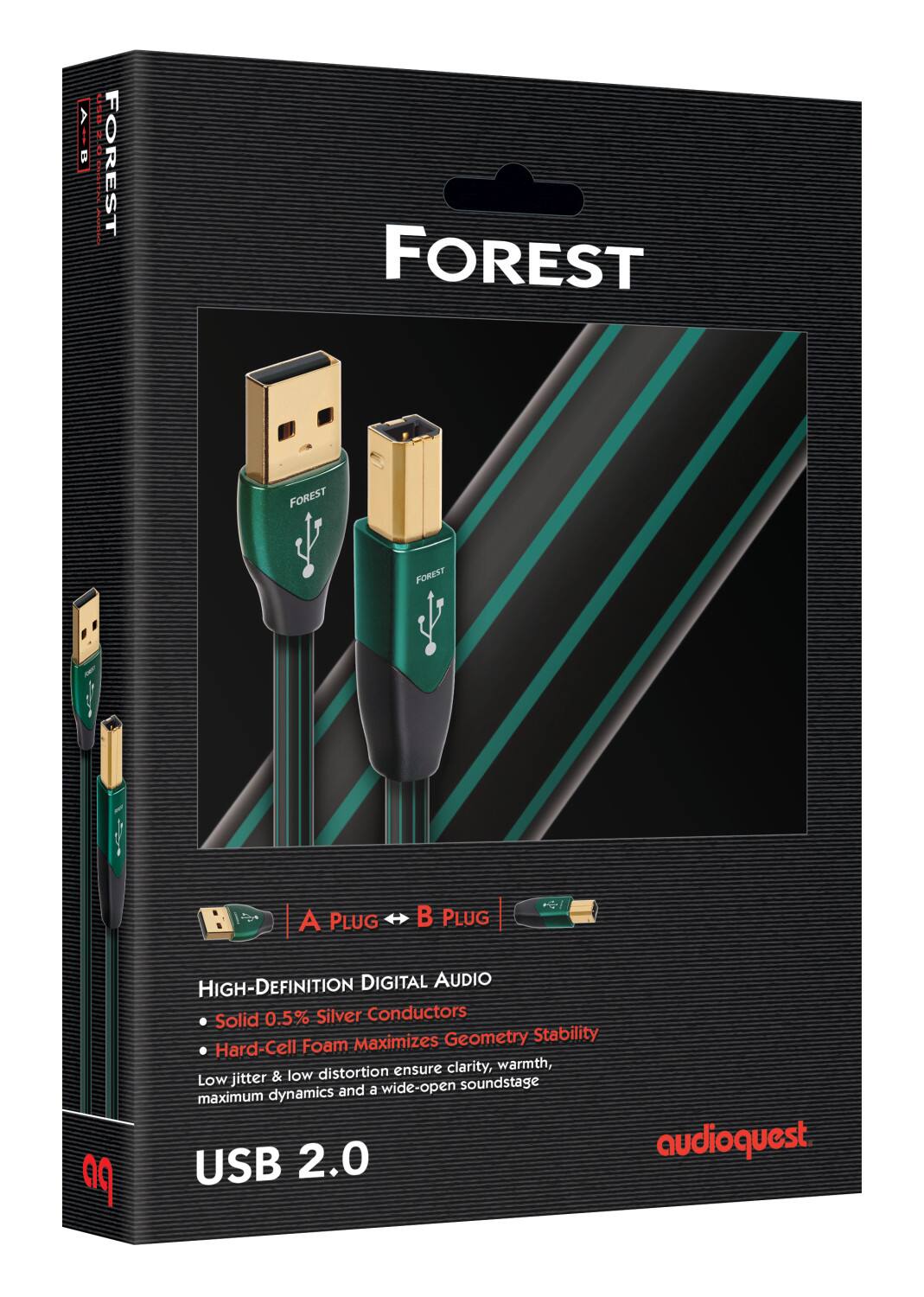 The text on the image reads: "Forest USB 2.0 High-Definition Digital Audio with Solid 0.5% Silver Conductors, Maximizes Geometry Stability, Hard-Cell Foam distortion ensure clarity, warmth, Low jitter & low noise, and a wide-open soundstage with maximum dynamics."