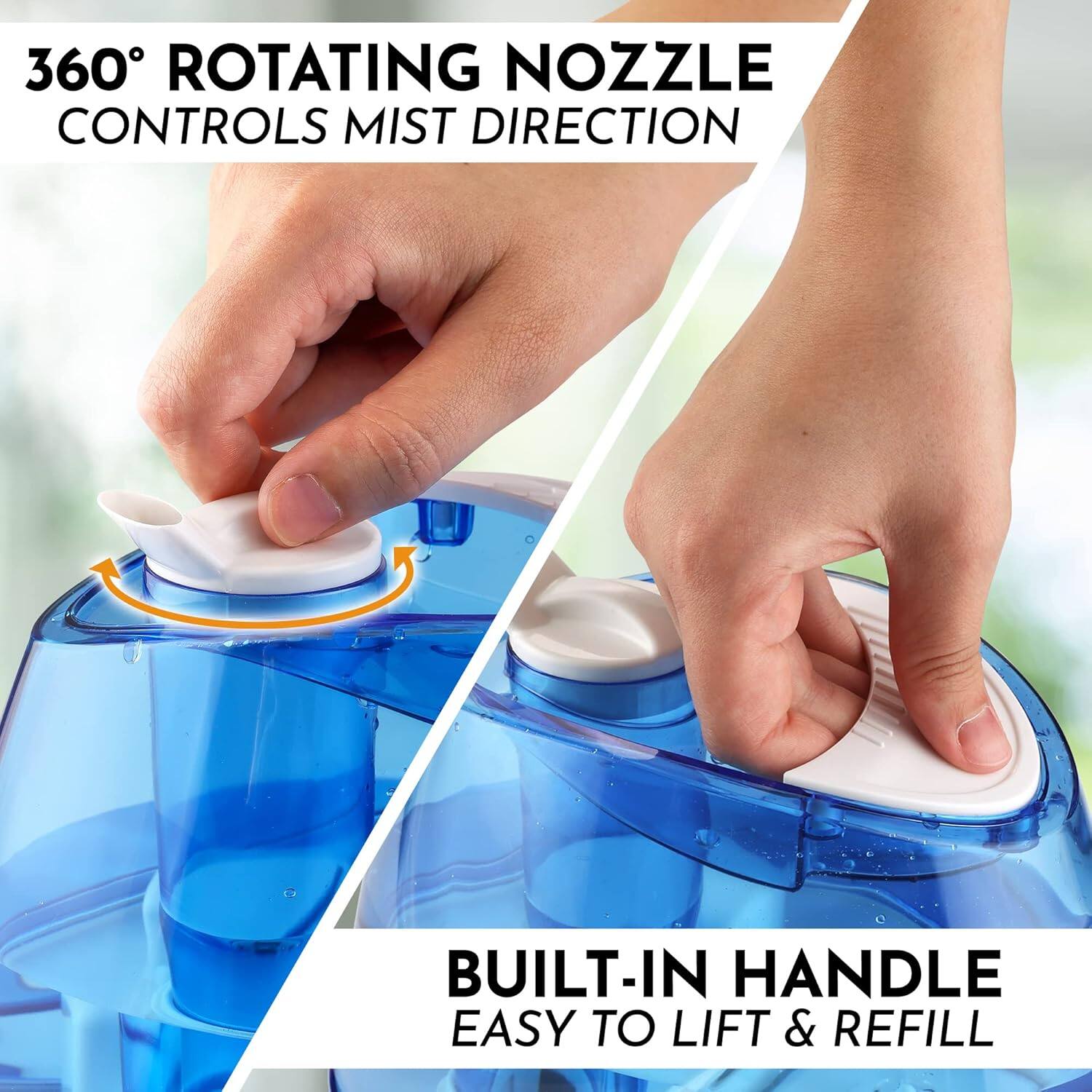 360° Rotating Nozzle Controls Mist Direction. Built-in Handle Easy to Lift & Refill.