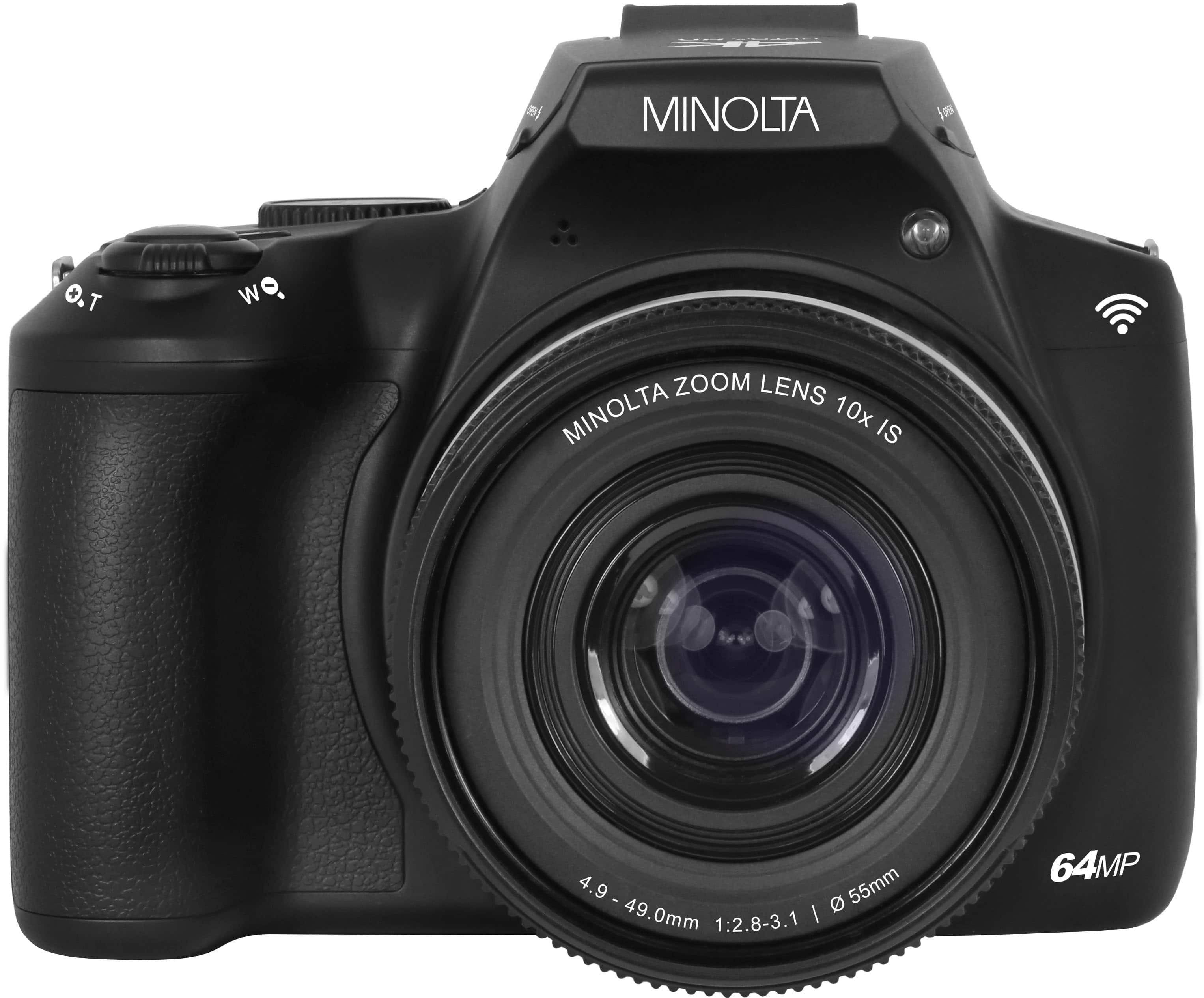 The text on the image reads: "MINOLTA 10x IS 4.9 - 55mm 49.0mm 1:2.8-3.1 | 64MP."