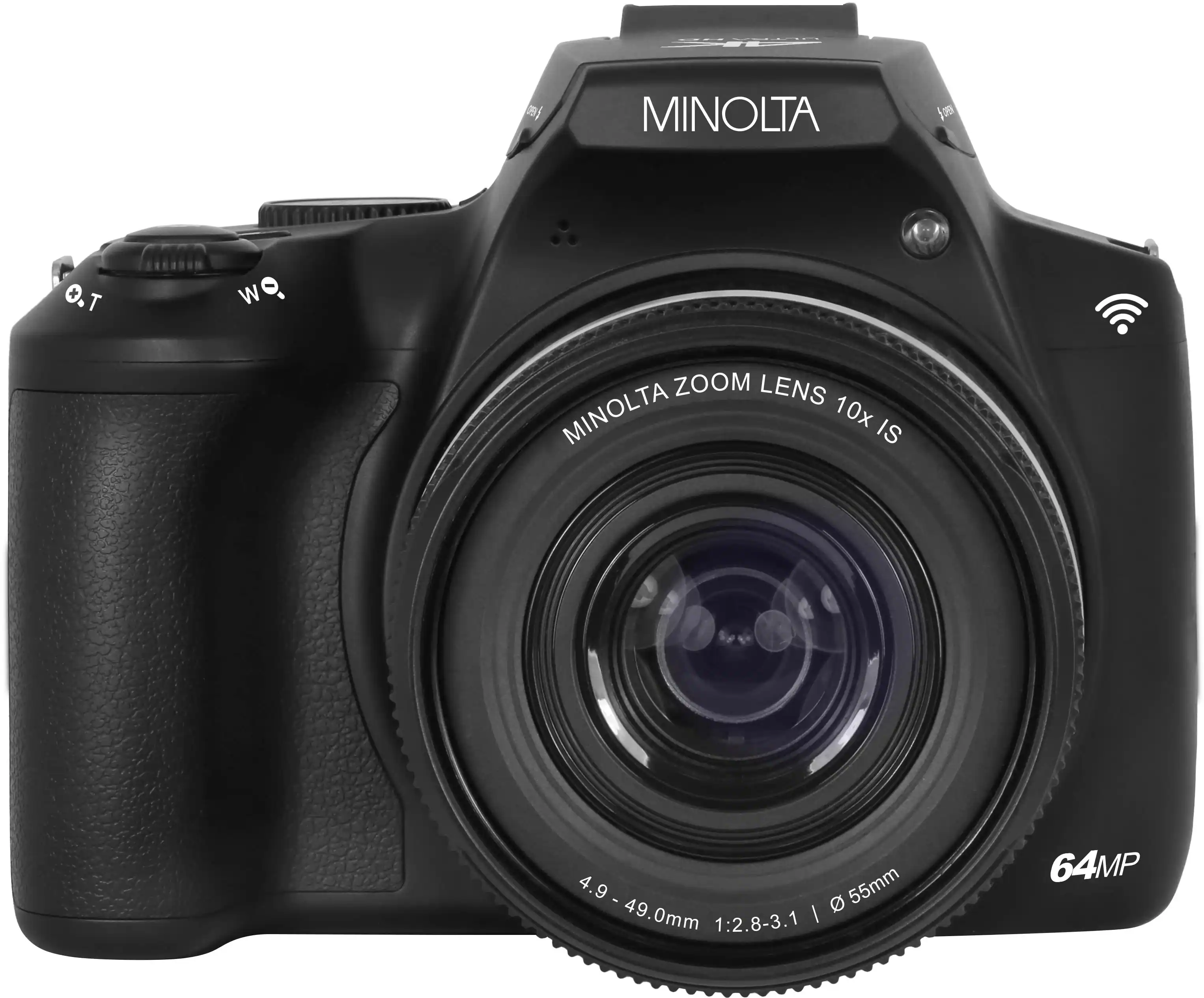 The text on the image reads: "MINOLTA 10x IS 4.9 - 55mm 49.0mm 1:2.8-3.1 | 64MP."