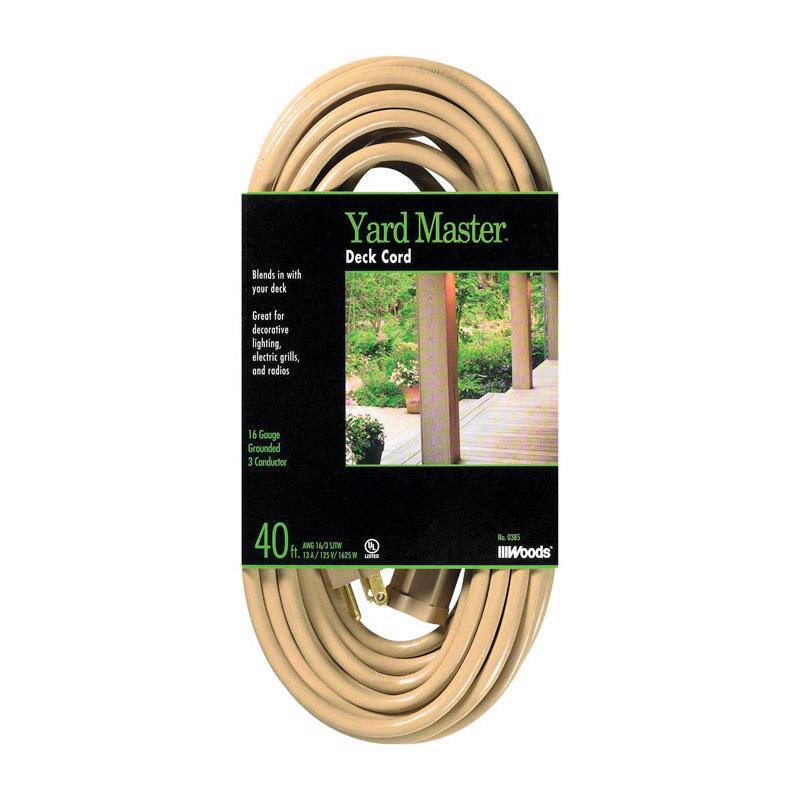 Yard Master  
Deck Cord  

Blends in with your deck  
Great for decorative lighting, electric grills, and radios  

16 Gauge Grounded 3 Conductor  
40 ft.  
1A 16/3 121 STW V 1425 R  

IllWoods