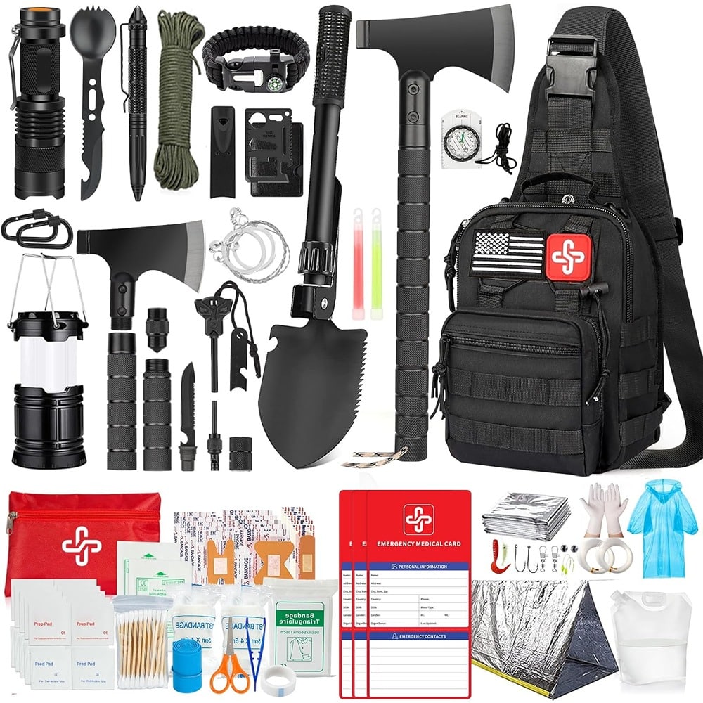 PARKER SLATER - 262 PCS Survival Kit, First Aid Pouch, Tent, Axe, Shovel, Bug Out Bag, Camping Gear - Black