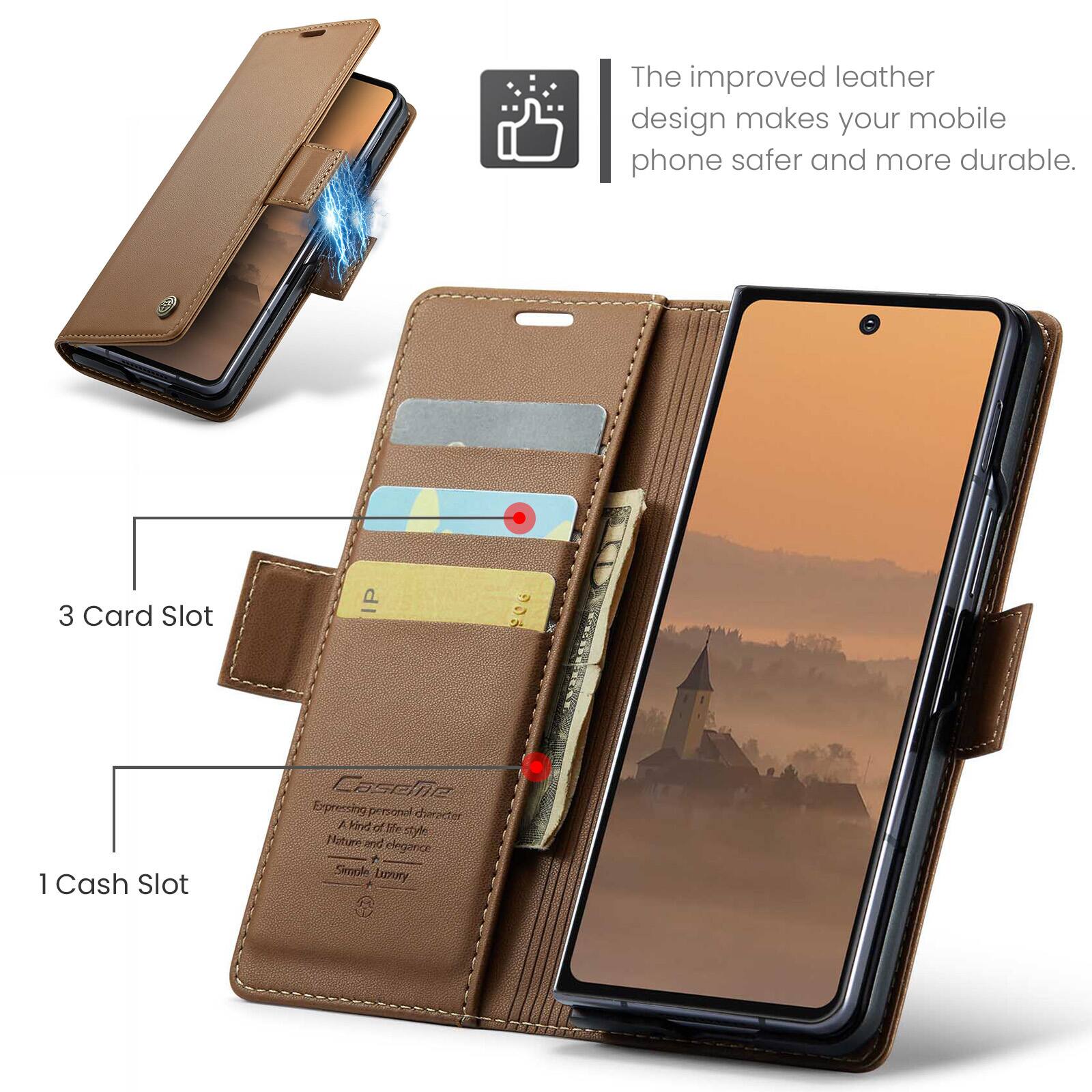 The improved leather design makes your mobile phone safer and more durable. 3 Card Slot IP B 1 Cash Slot CaspNe Expressing personal character A Fin of Me myl Hature und elegance A Simple n