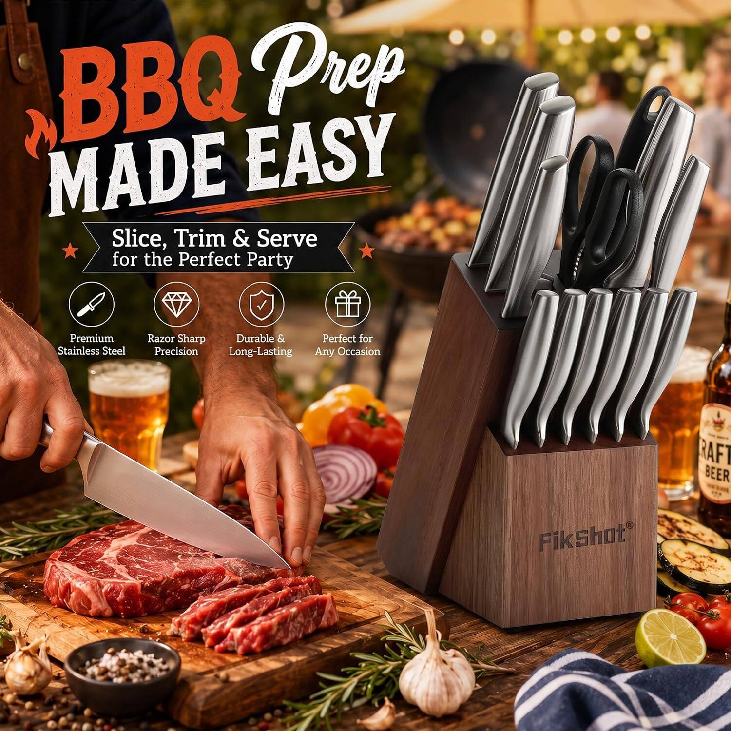 BBQ Prep MADE EASY  
Slice, Trim & Serve for the Perfect Party  

Premium Stainless Steel  
Razor Sharp Durable & Perfect for Precision Long-Lasting Any Occasion  

FikShot  
RAFT BEER