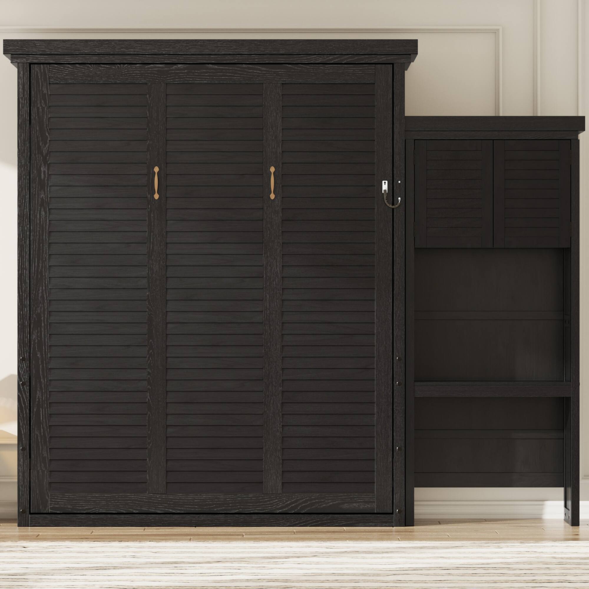 Angle. Whisen - Queen Size Murphy Bed, Space-Saving Folding Bed Frame with Integrated Storage Shelves, Louvered Design - Black.