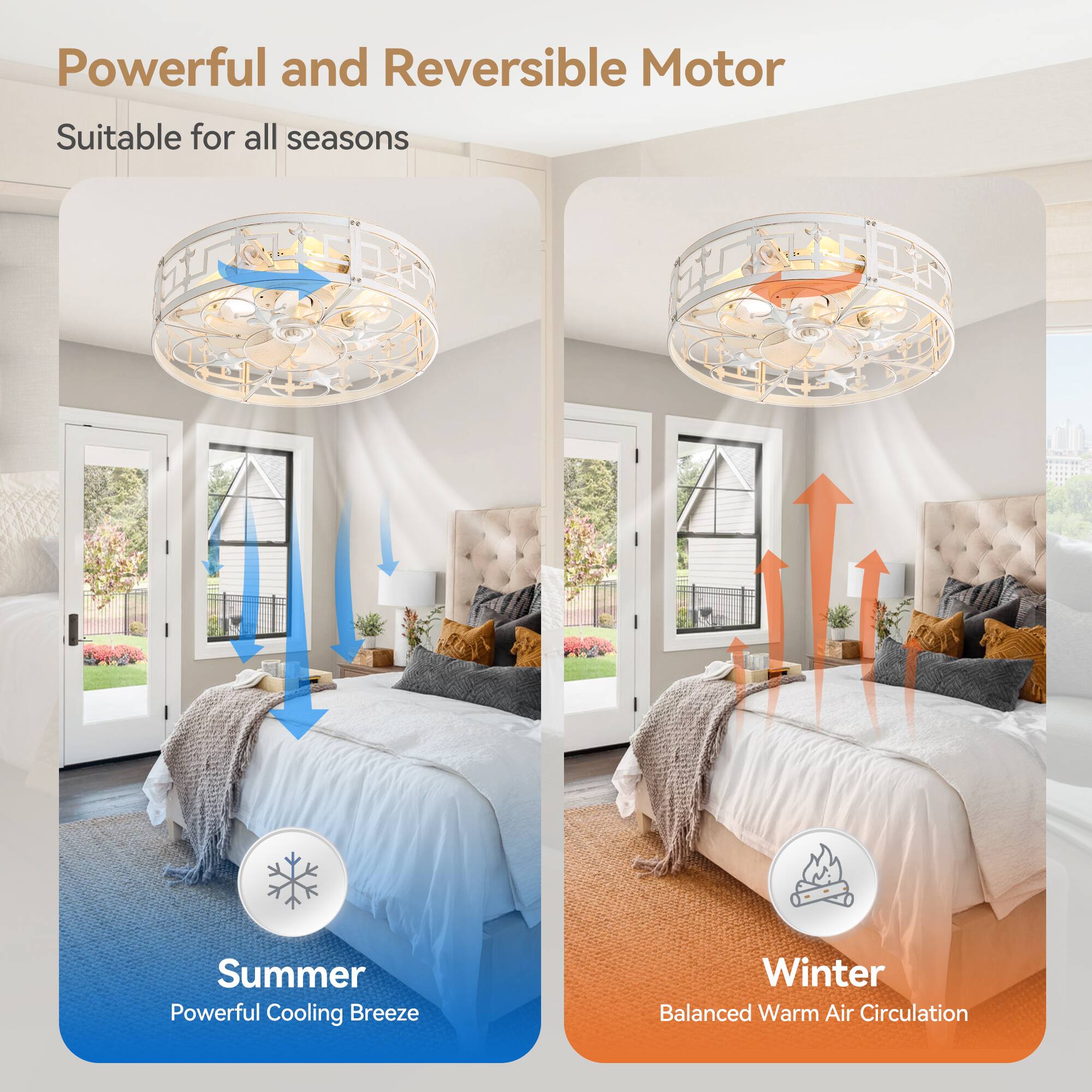 Powerful and Reversible Motor, Suitable for all seasons, Summer, Powerful Cooling Breeze, Winter, Balanced Warm Air Circulation
