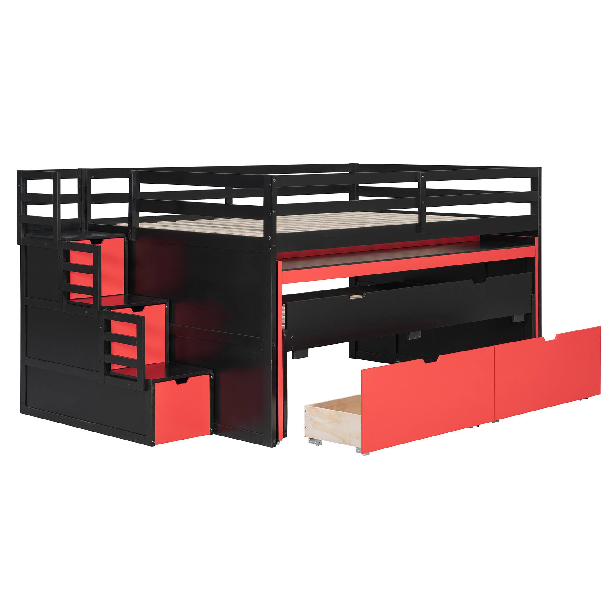 Angle. Whisen - Gaming Loft Bed with Pull-Out Desk,Trundle and Storage Stairs,Multi-Functional Workstation Bed Frame - Black+Red.