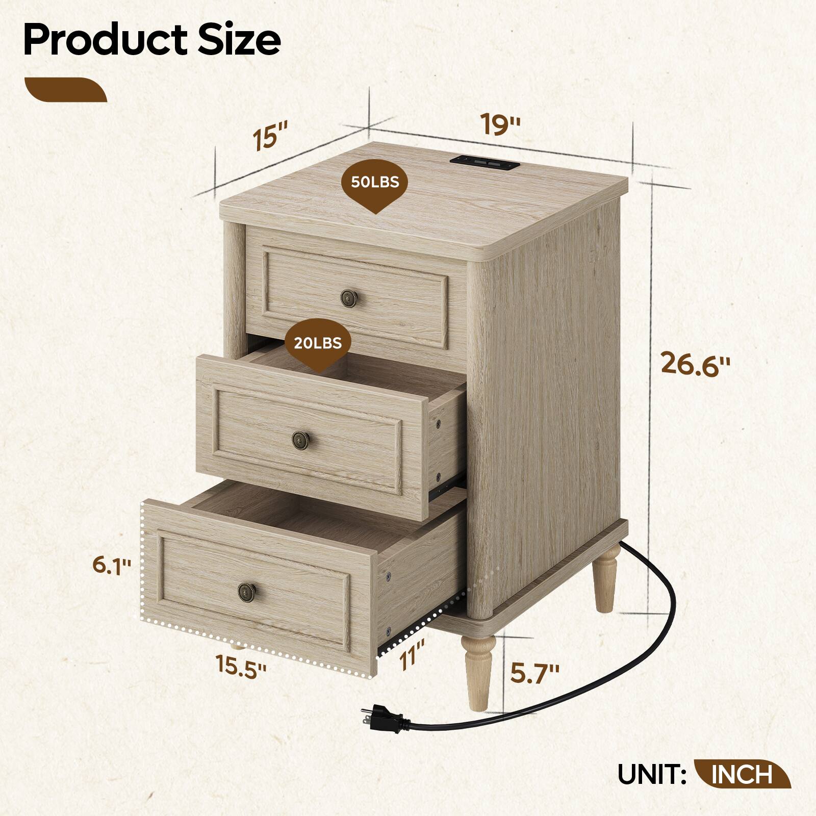 Product Size

15" 50LBS  
19" 20LBS  
26.6"  
6.1"  
15.5"  
11"  
5.7"  

UNIT: INCH