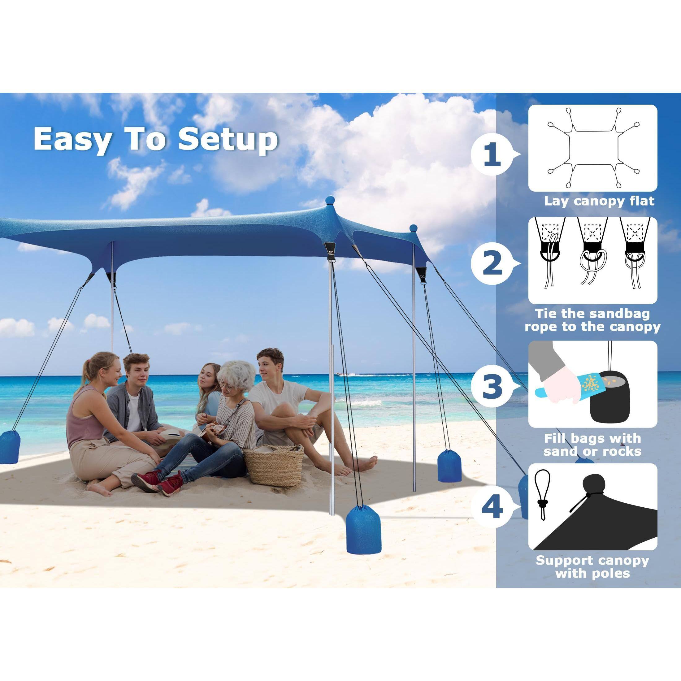Easy To Setup

1. Lay canopy flat
2. Tie the sandbag rope to the canopy
3. Fill bags with sand or rocks
4. Support canopy with poles