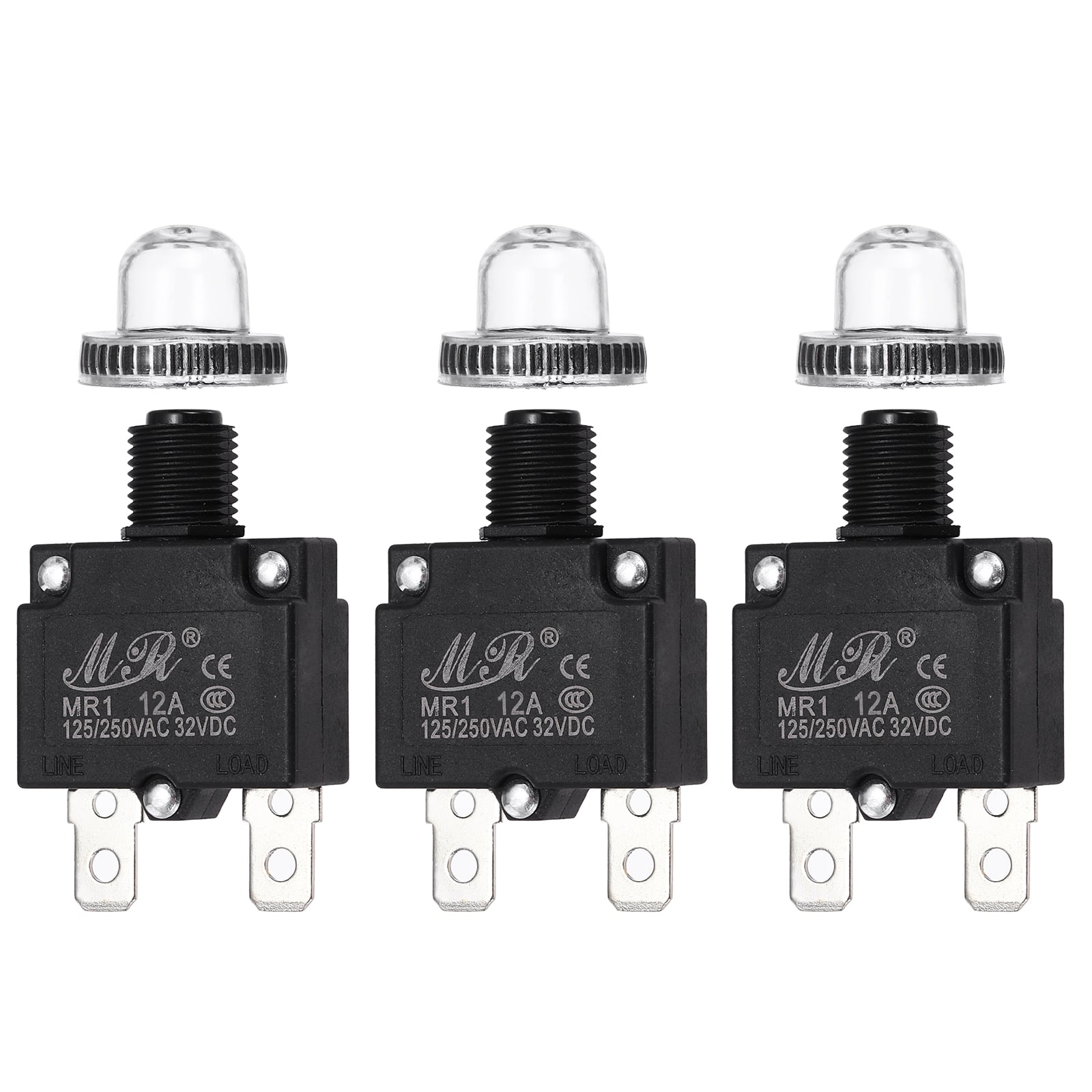 Unique Bargains - 3pcs 12A Push Button Circuit Breaker, 125/250V AC,32V DC, Manual Reset Thermal Overload Protector, Waterproof Caps - Black price history on PriceWatchPro