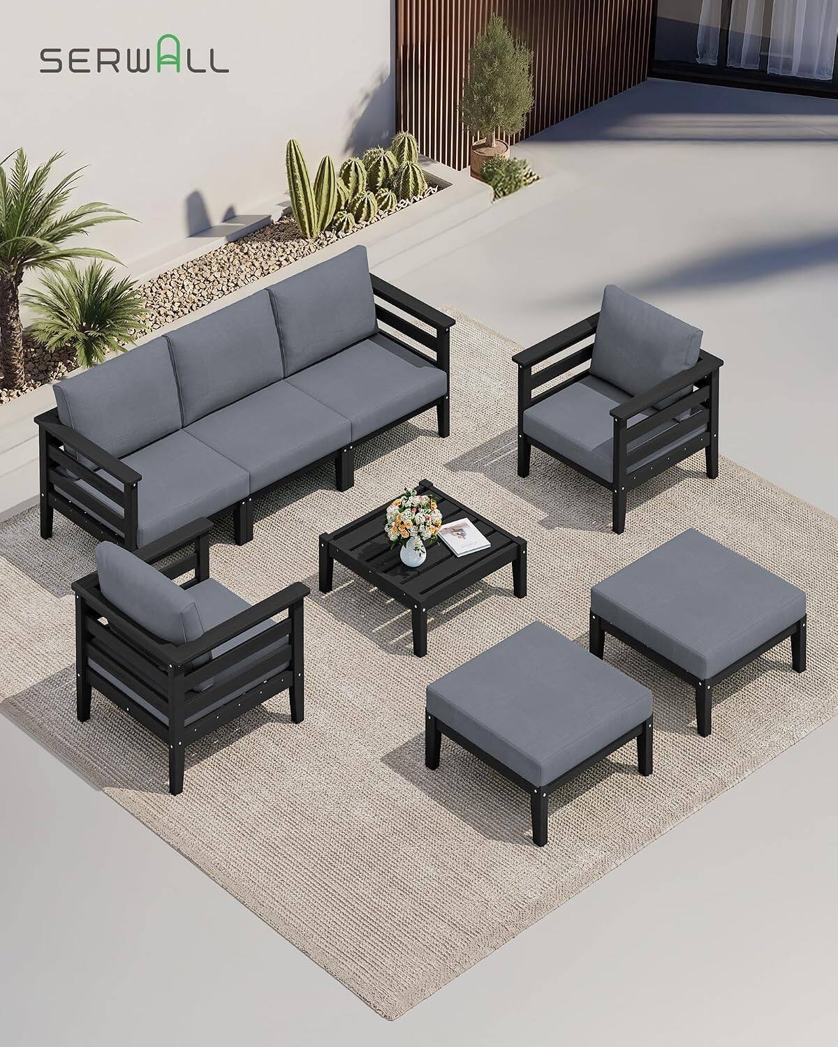 Alt View 6. SERWALL - SERWALL HDPE Outdoor Furniture Set, 10 Pieces Patio Sectional Sofa Set, Modular Design for Flexible Combination - Black/Grey.